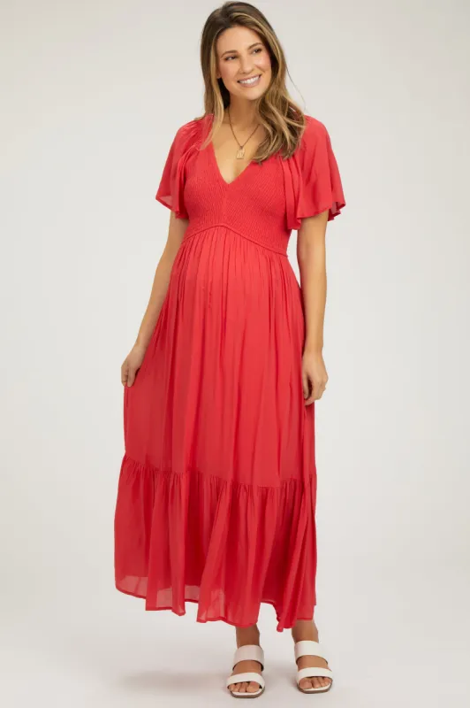 Red Smocked Flutter Sleeve Maternity Midi Dress sold by Pinkblush