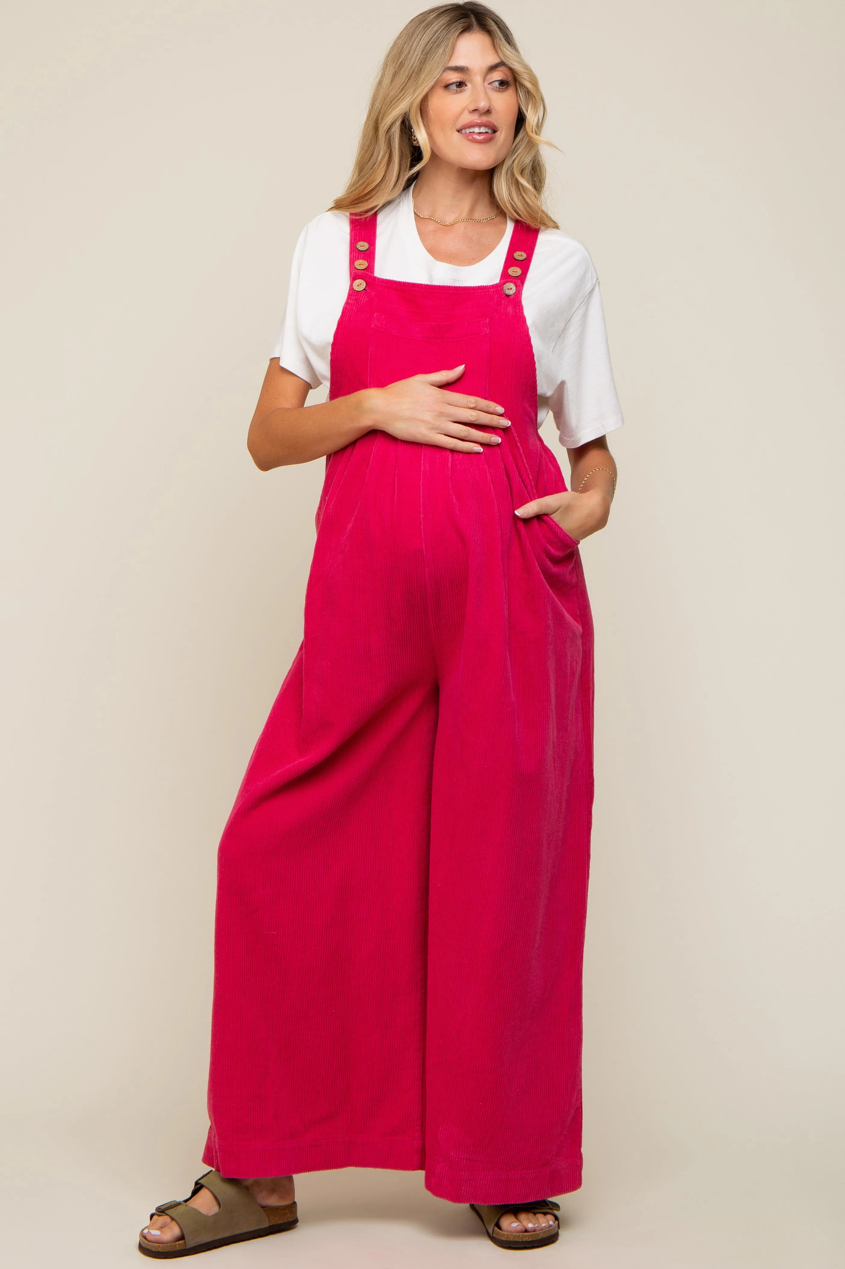 Fuchsia Corduroy Front Pleated Wide Leg Maternity Overalls sold by Pinkblush product image thumbnail 4
