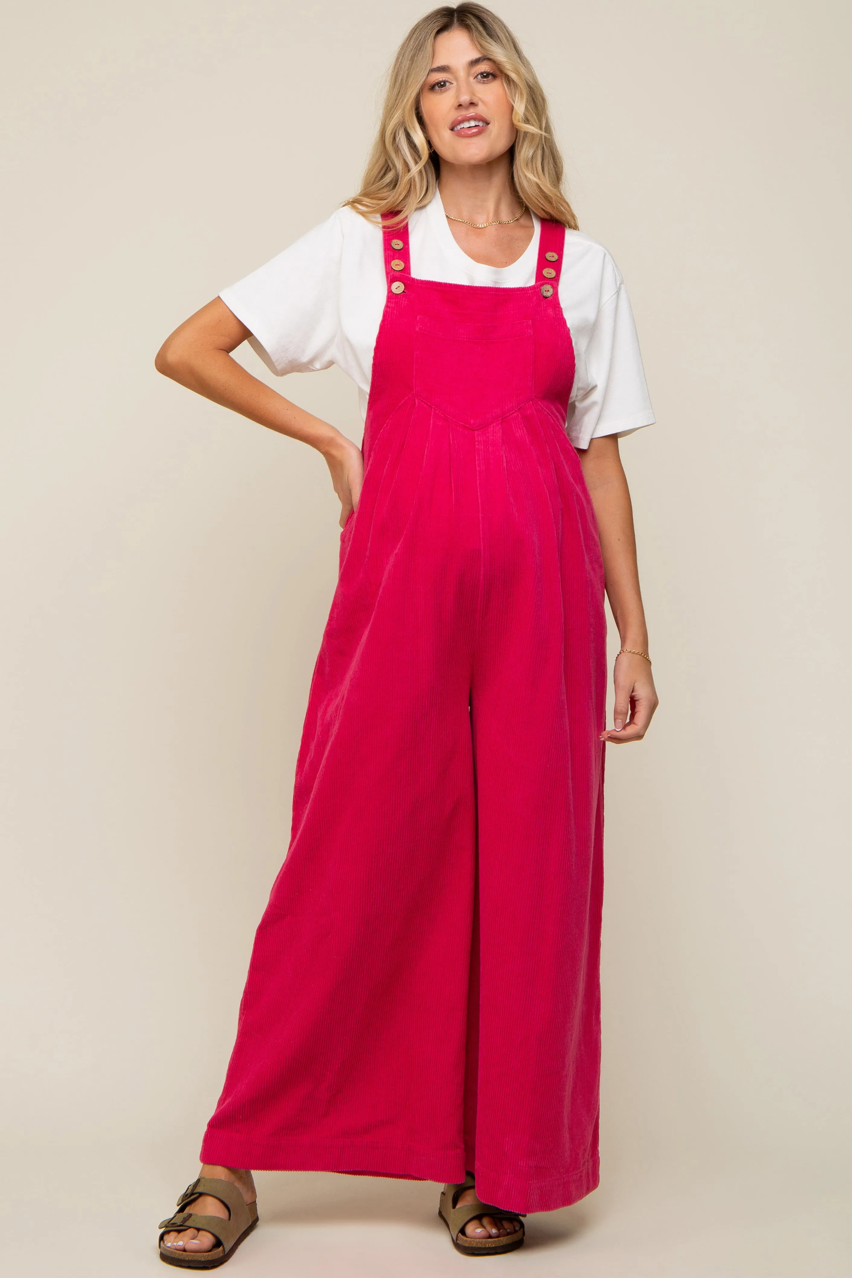 Fuchsia Corduroy Front Pleated Wide Leg Maternity Overalls sold by Pinkblush
