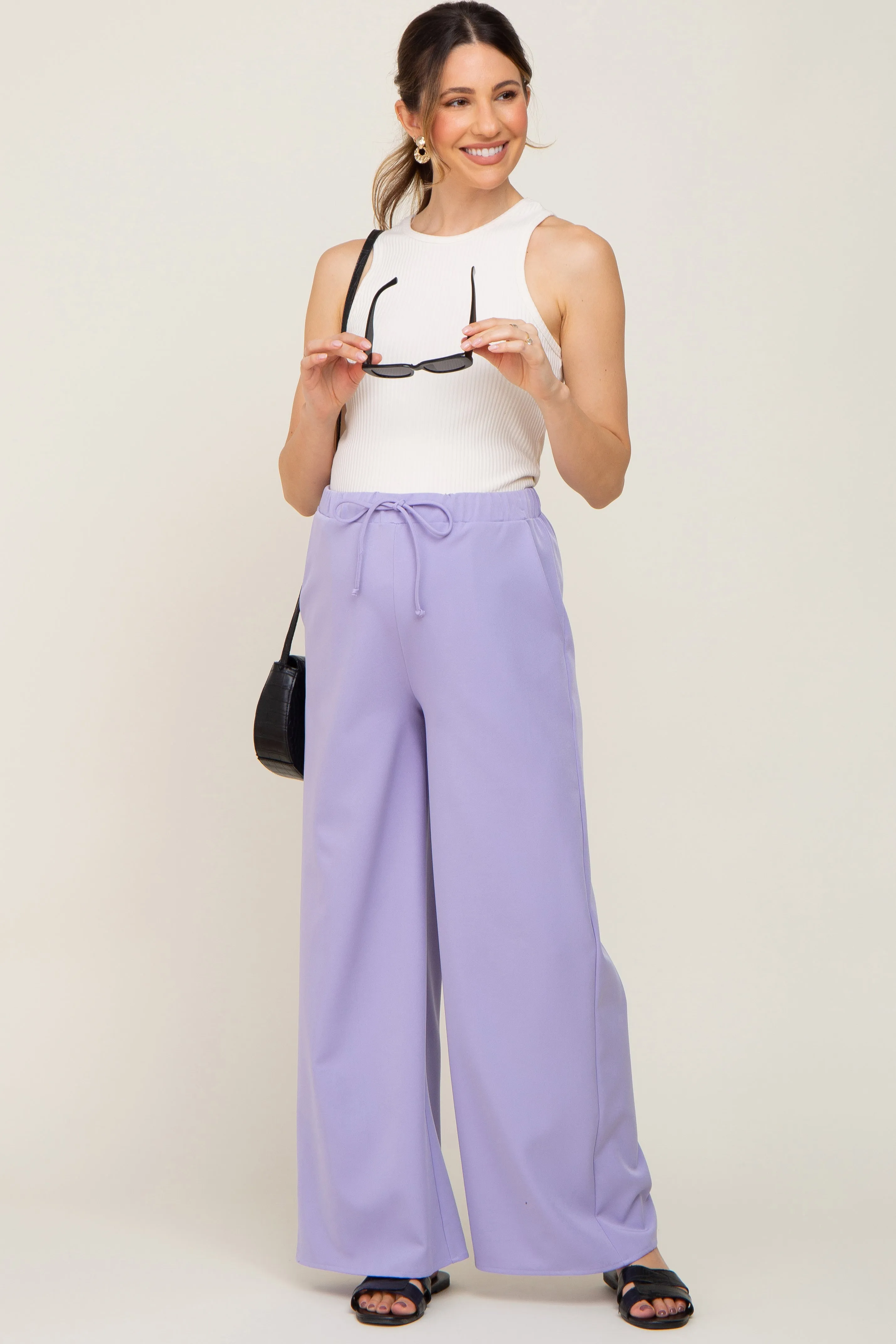 Lavender Drawstring Wide Leg Maternity Pants sold by Pinkblush