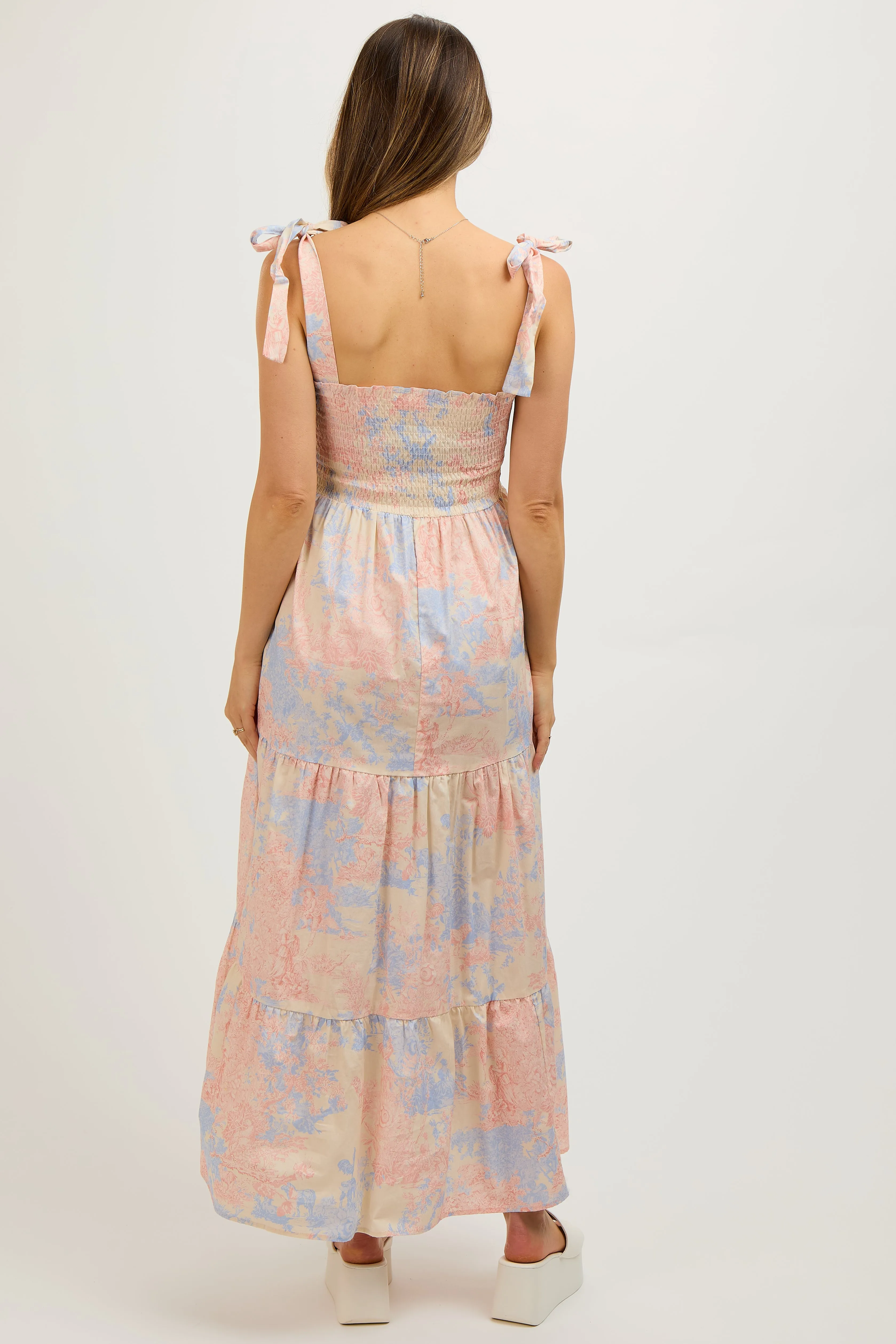 Multicolor Pastel Print Shoulder Tie Tiered Maternity Midi Dress sold by Pinkblush product image thumbnail 3