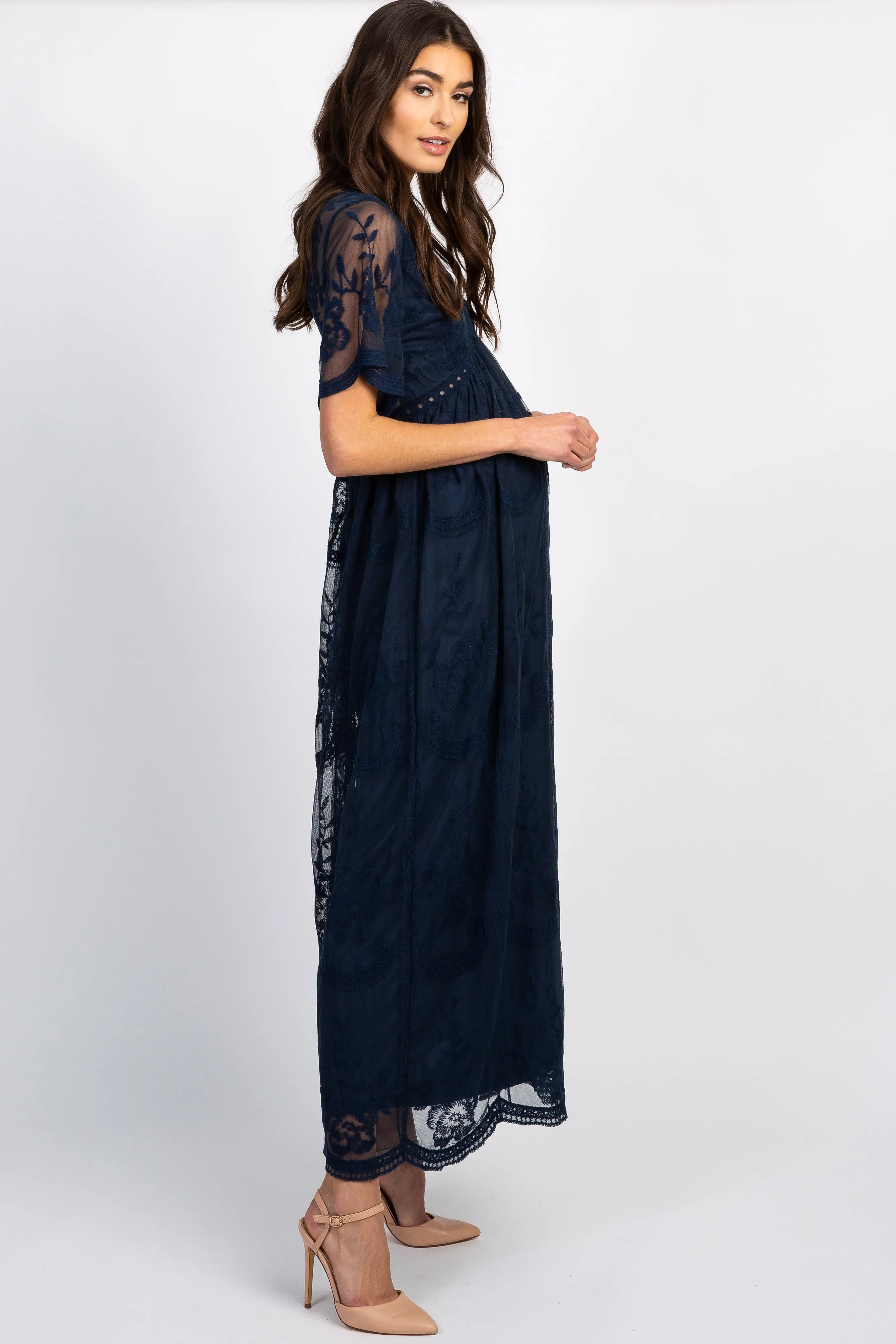 PinkBlush Navy Blue Lace Mesh Overlay Maternity Maxi Dress sold by Pinkblush product image thumbnail 4