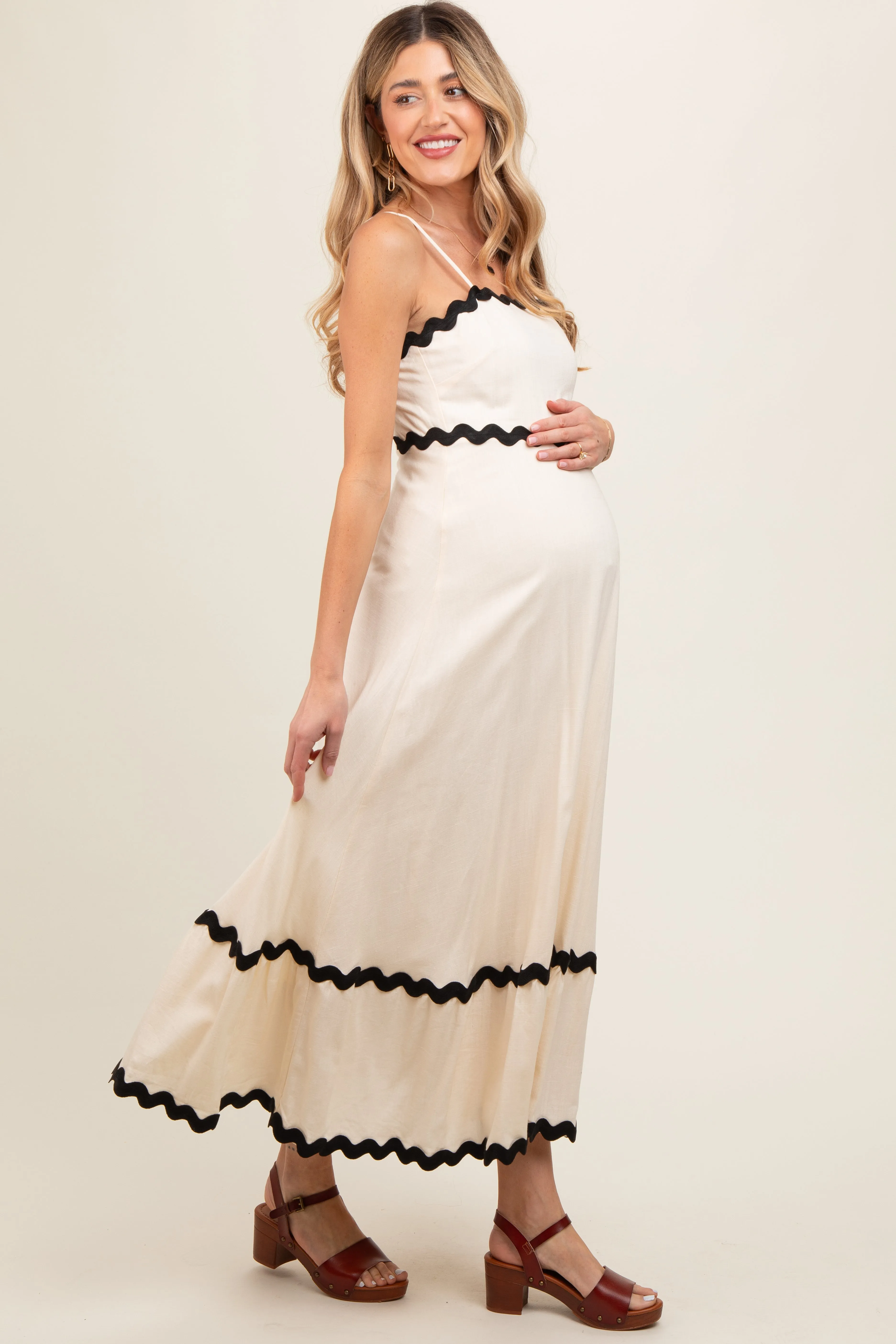 Beige Colorblock Trim Maternity Midi Dress sold by Pinkblush product image thumbnail 4