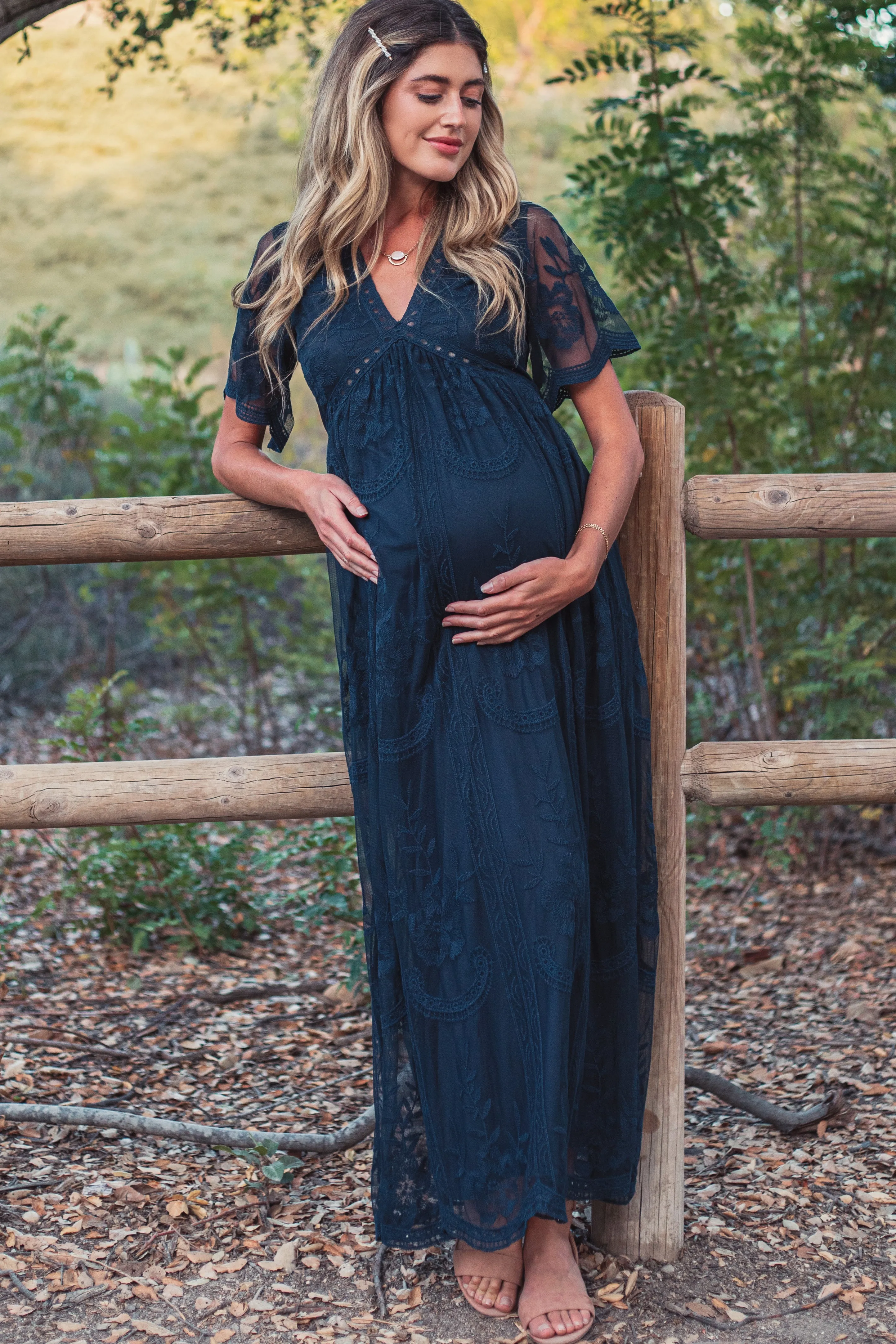 PinkBlush Navy Blue Lace Mesh Overlay Maternity Maxi Dress sold by Pinkblush