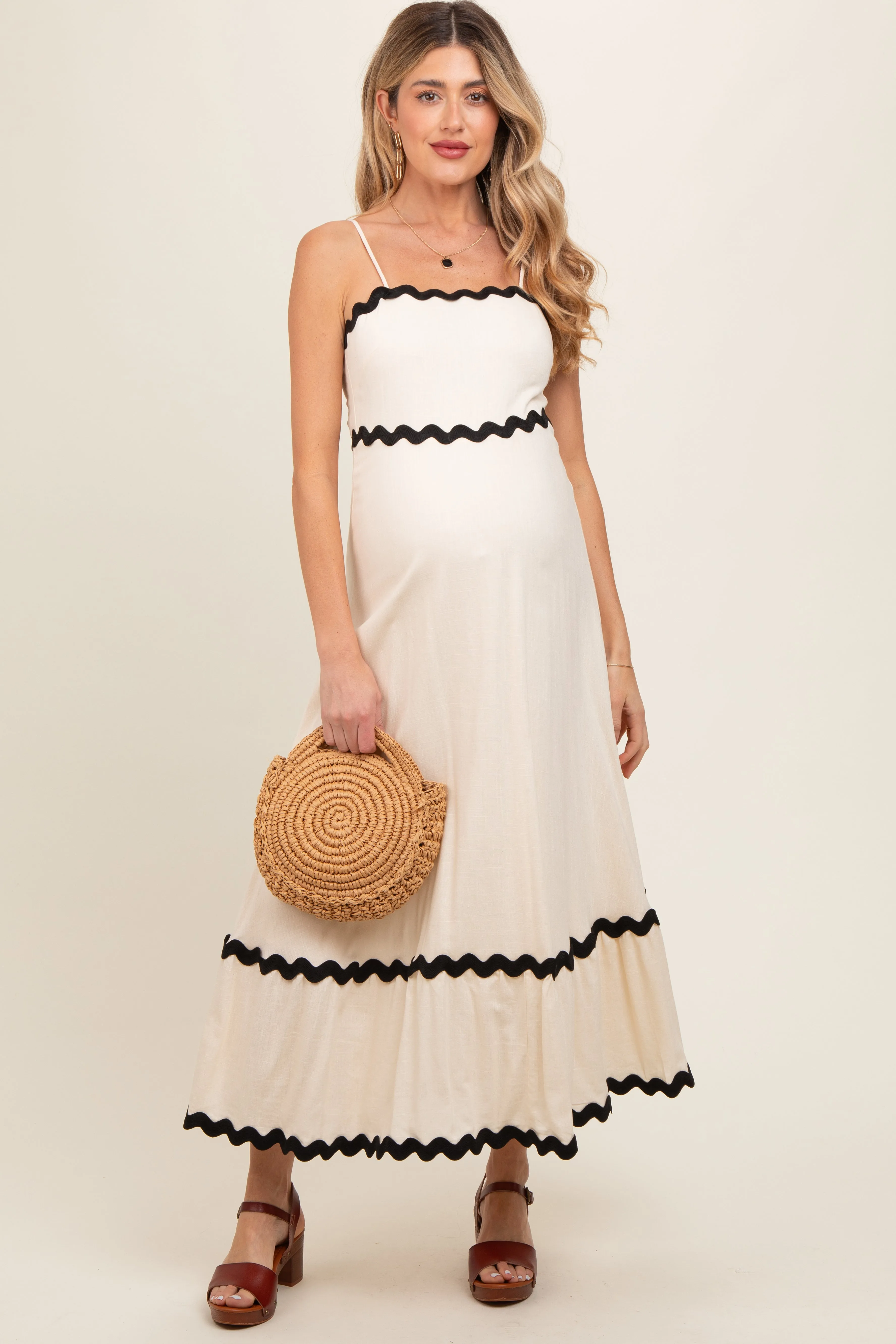 Beige Colorblock Trim Maternity Midi Dress sold by Pinkblush