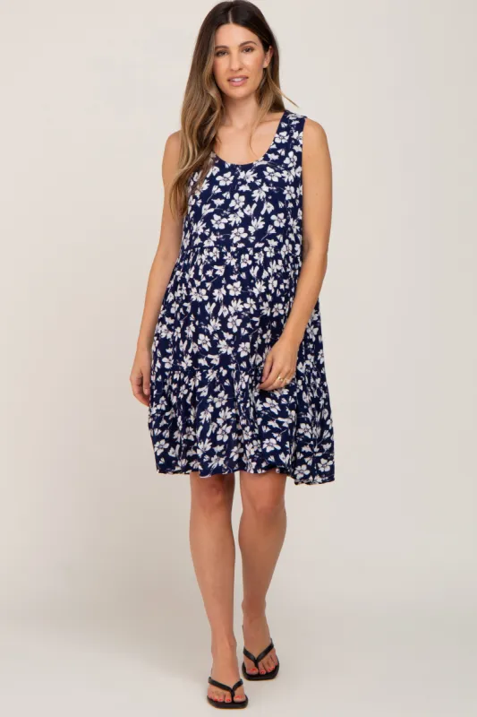 Navy Floral Sleeveless Tiered Maternity Dress sold by Pinkblush