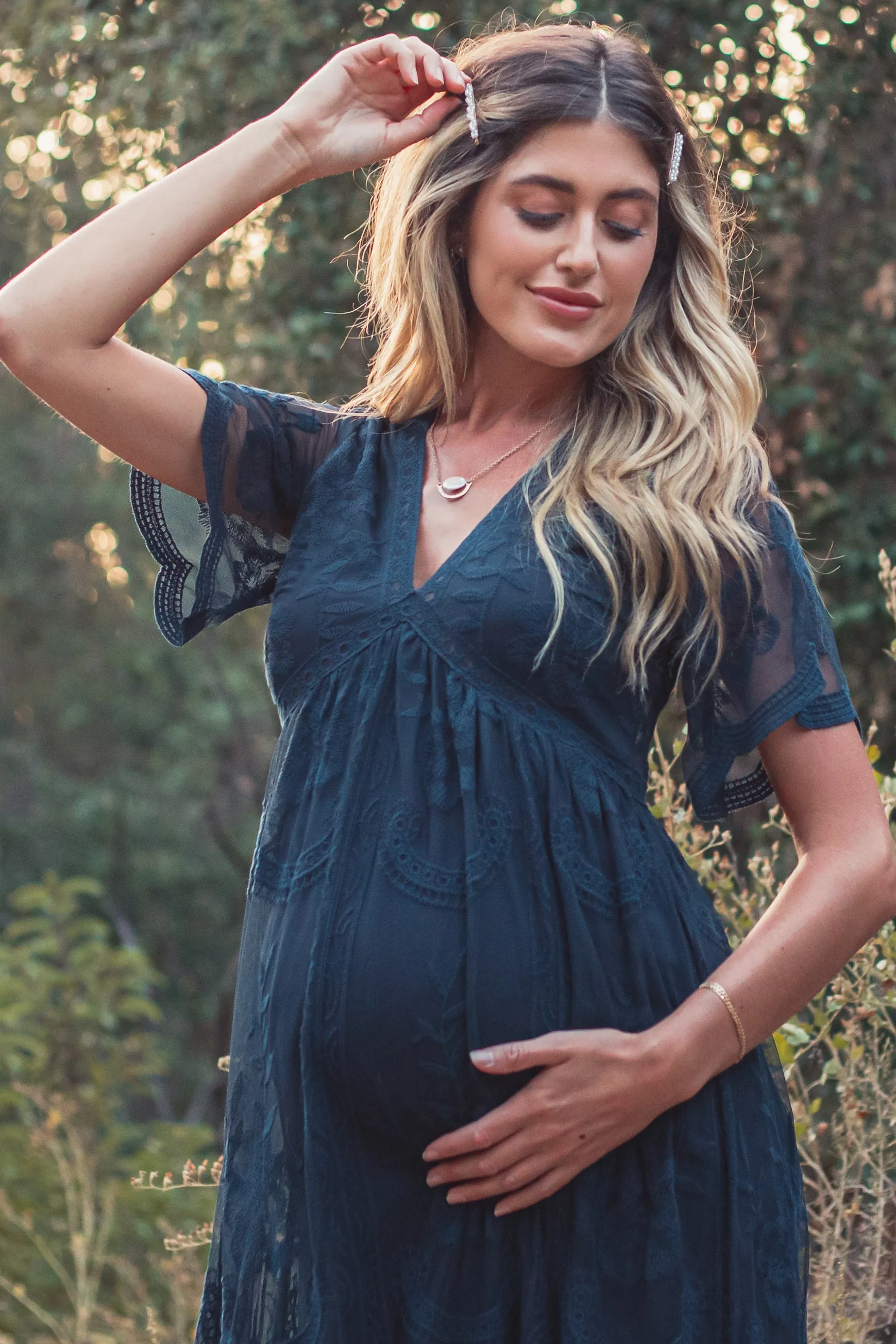 PinkBlush Navy Blue Lace Mesh Overlay Maternity Maxi Dress sold by Pinkblush product image thumbnail 2