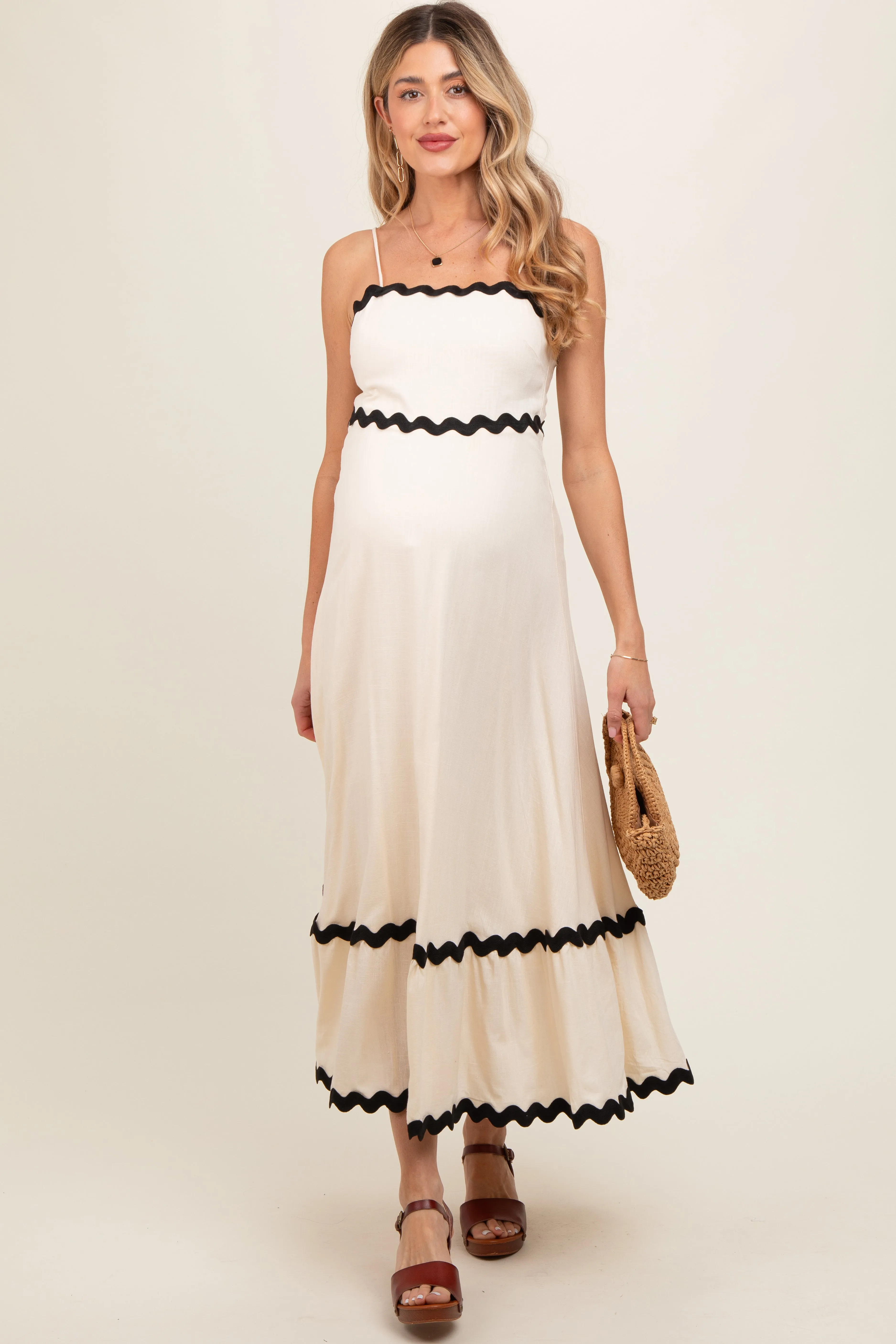 Beige Colorblock Trim Maternity Midi Dress sold by Pinkblush product image thumbnail 2