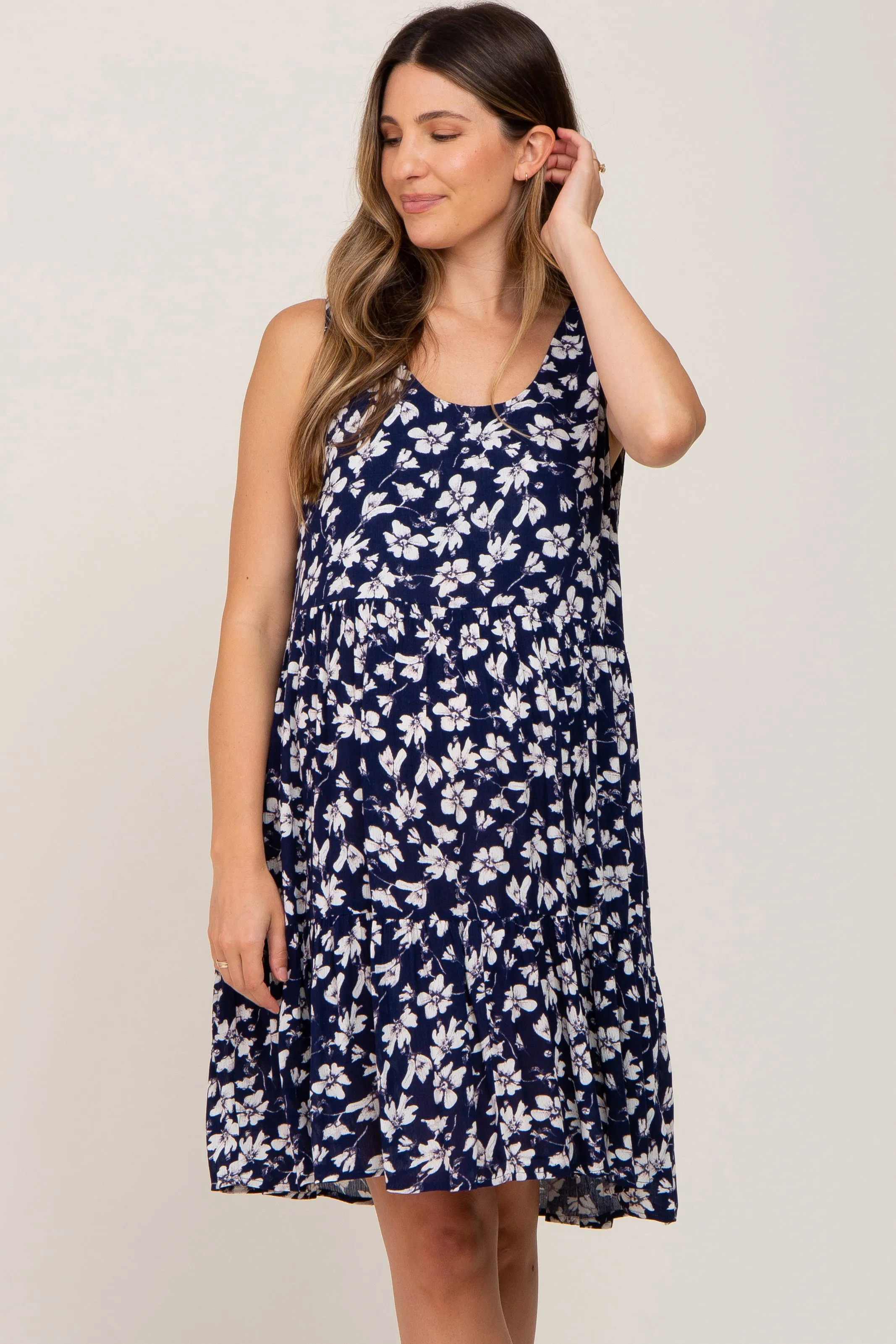 Navy Floral Sleeveless Tiered Maternity Dress sold by Pinkblush product image thumbnail 2