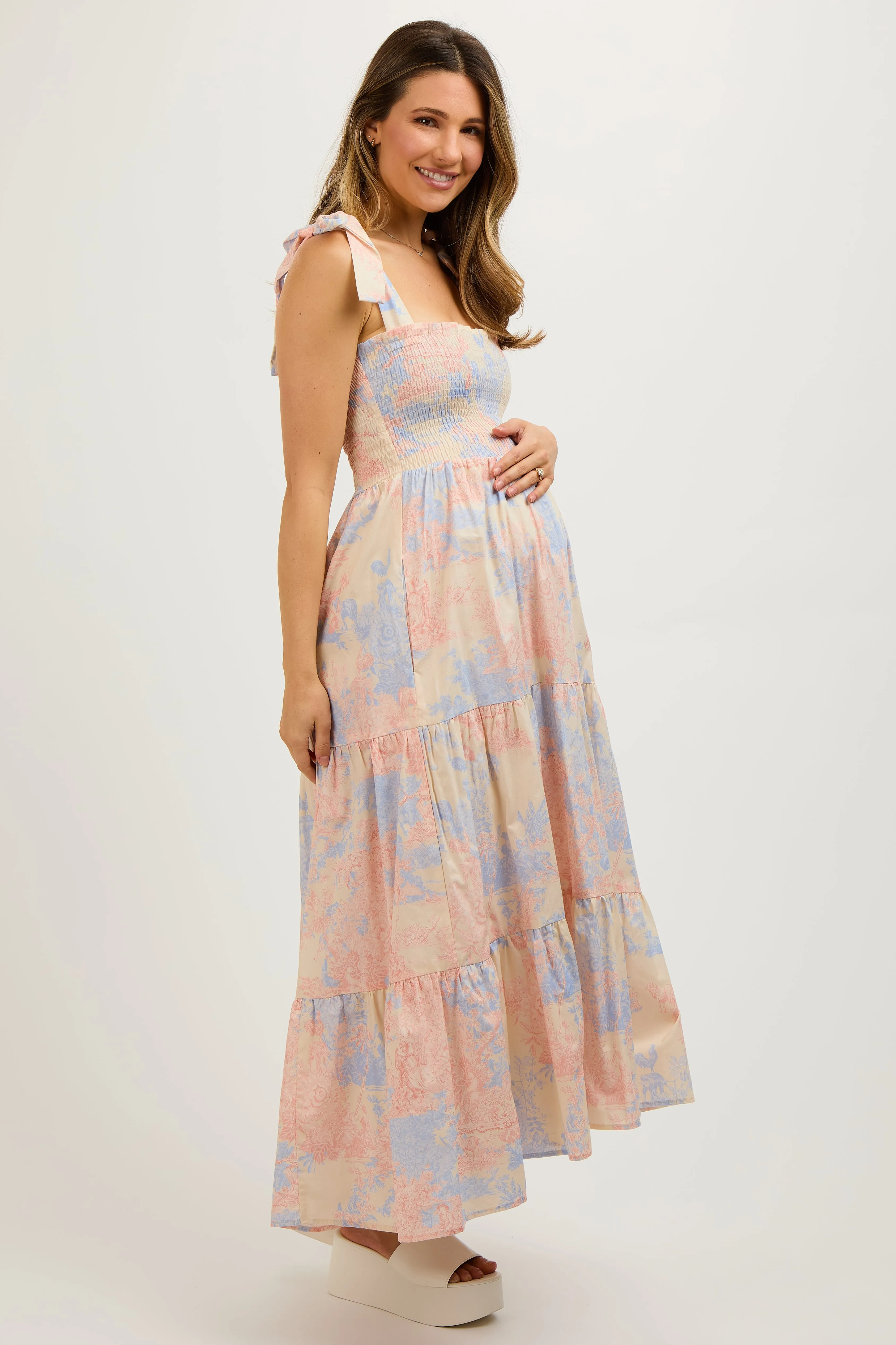 Multicolor Pastel Print Shoulder Tie Tiered Maternity Midi Dress sold by Pinkblush product image thumbnail 2