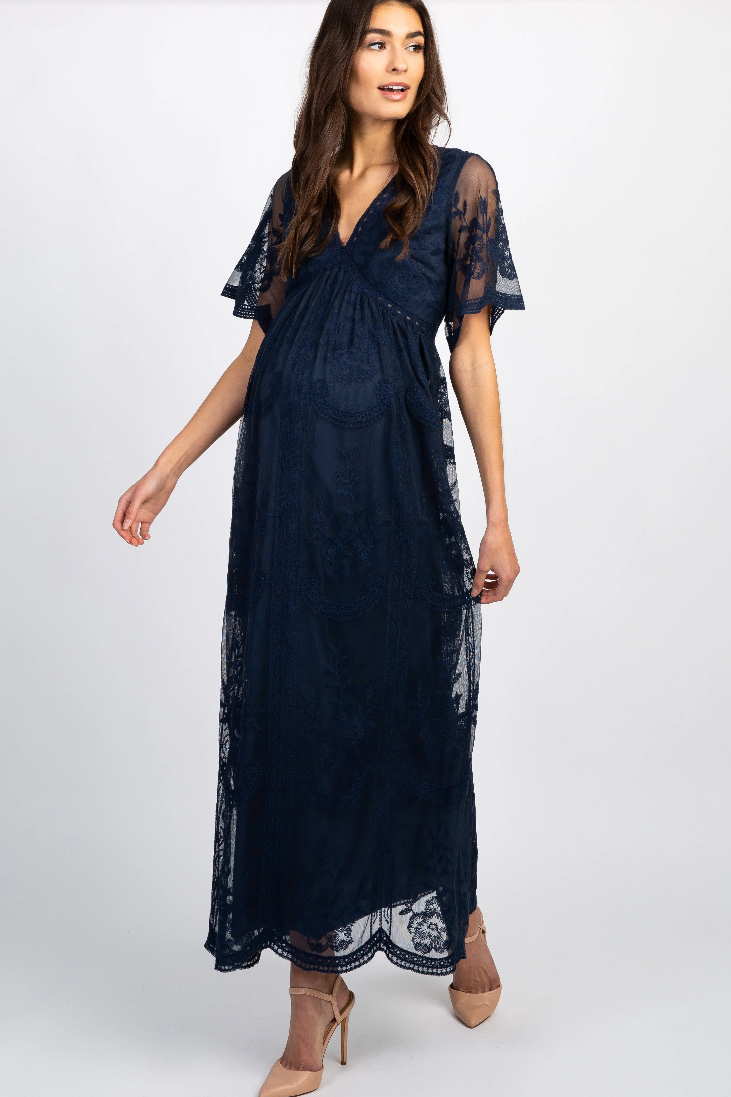 PinkBlush Navy Blue Lace Mesh Overlay Maternity Maxi Dress sold by Pinkblush product image thumbnail 3