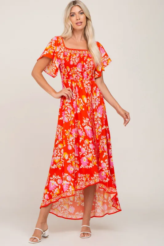 Orange Floral Off Shoulder High-Low Hem Dress sold by Pinkblush