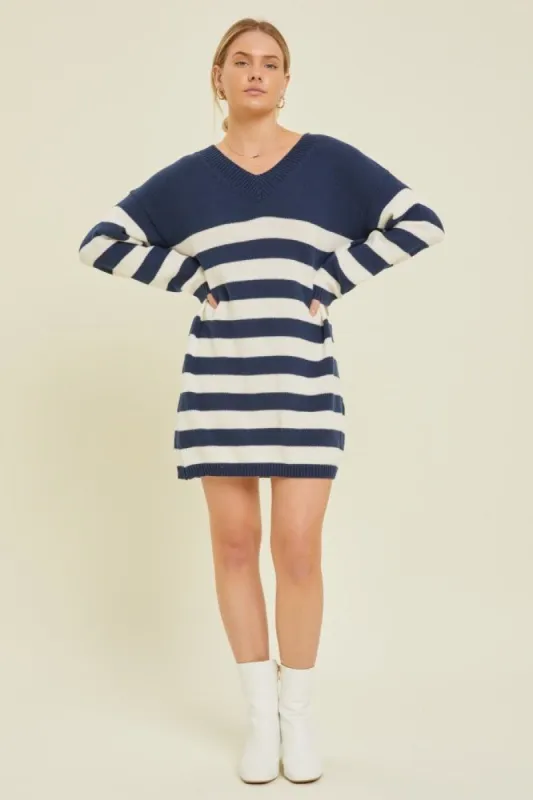 Navy Striped V-Neck Sweater Dress sold by Pinkblush