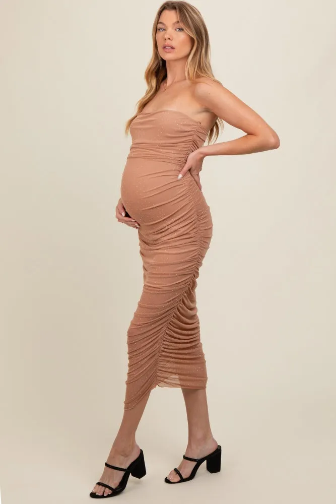 Mocha Embellished Mesh Strapless Ruched Maternity Dress sold by Pinkblush