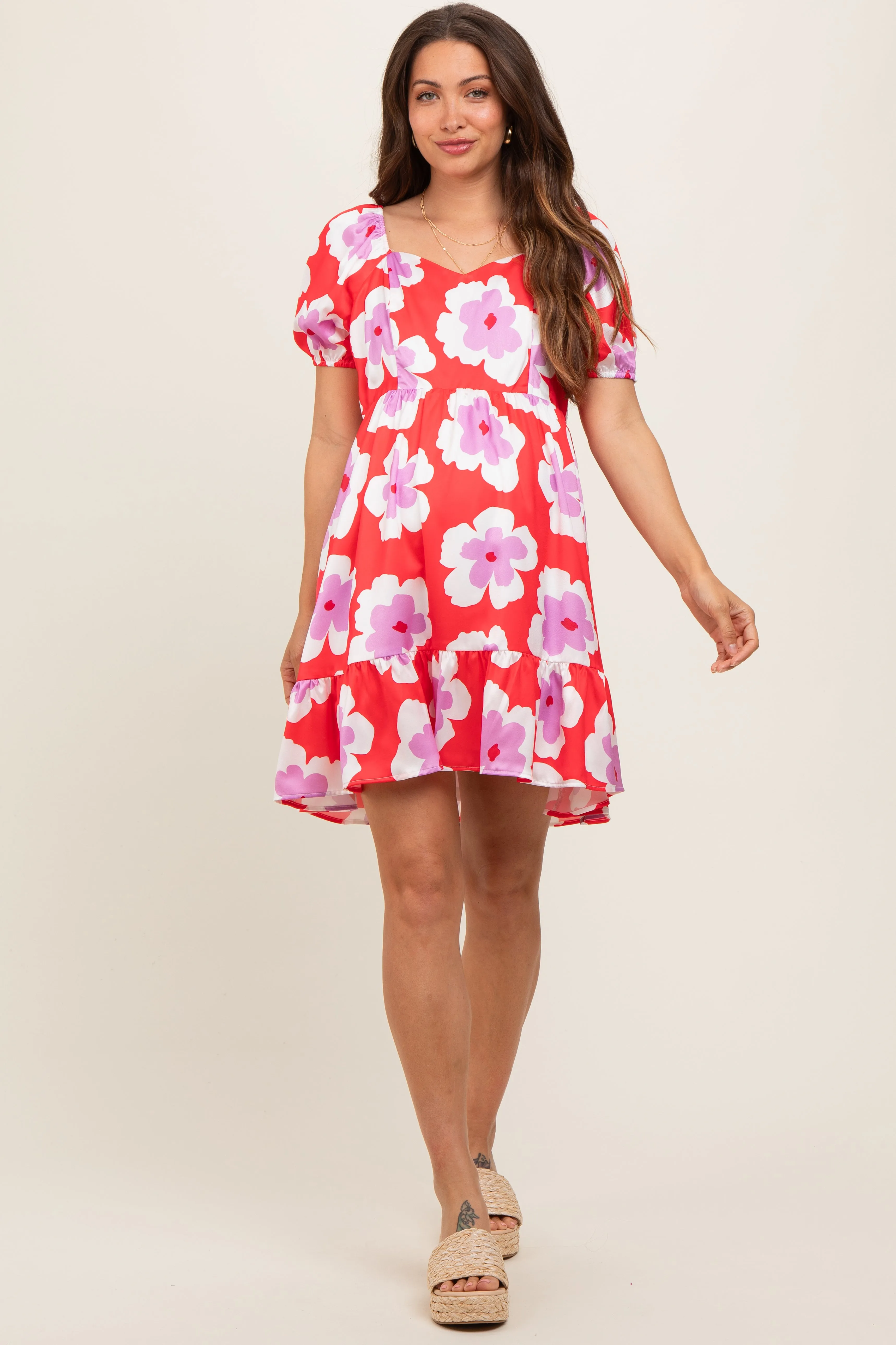 Red Floral Ruffle Hem Maternity Dress sold by Pinkblush product image thumbnail 2