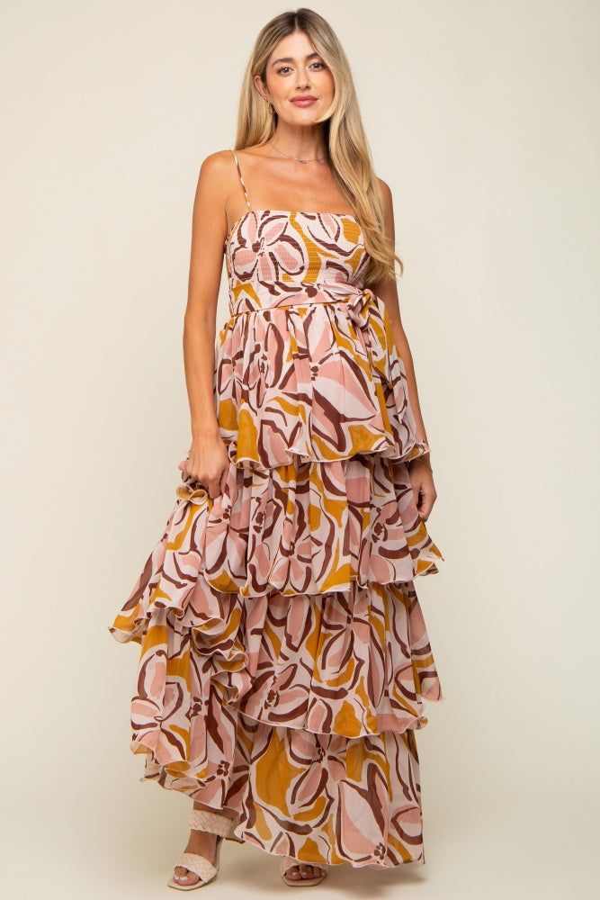 Gold Floral Flounce Tier Maternity Maxi Dress sold by Pinkblush product image thumbnail 4