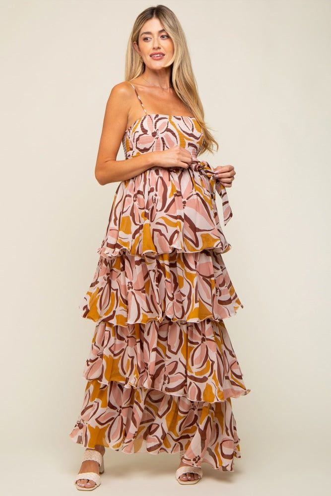 Gold Floral Flounce Tier Maternity Maxi Dress sold by Pinkblush