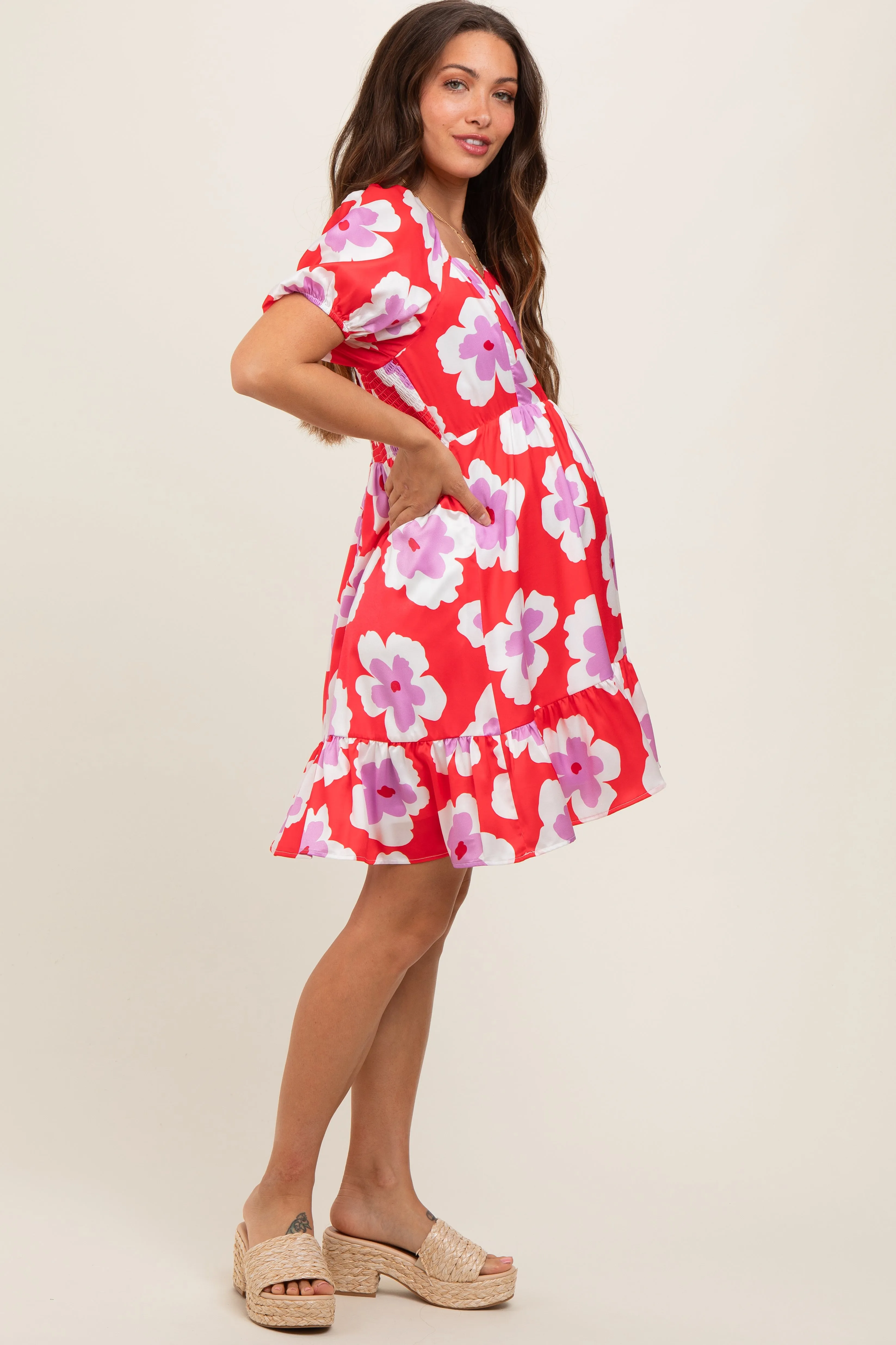 Red Floral Ruffle Hem Maternity Dress sold by Pinkblush product image thumbnail 3