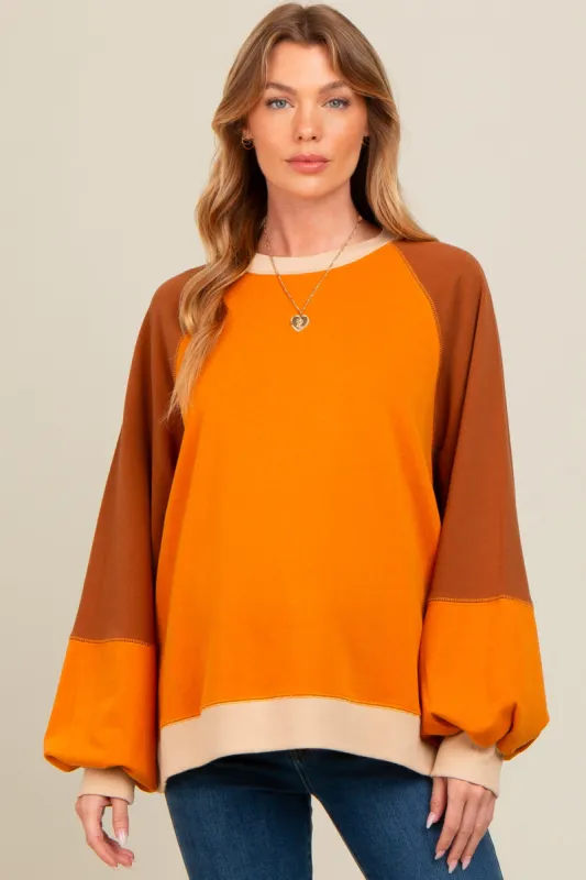 Camel Colorblock Bubble Sleeve Maternity Pullover sold by Pinkblush