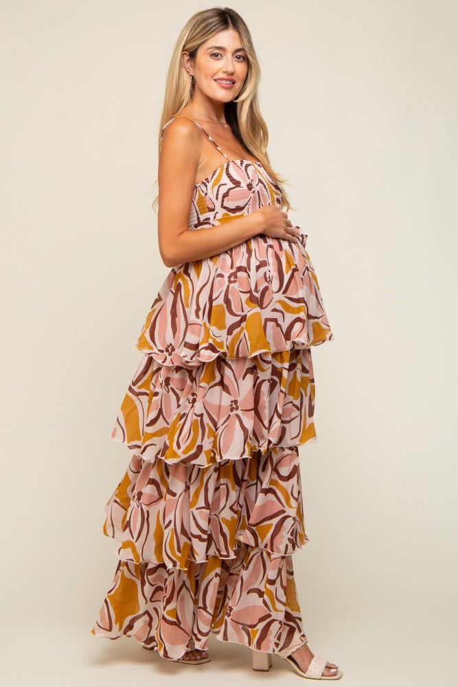 Gold Floral Flounce Tier Maternity Maxi Dress sold by Pinkblush product image thumbnail 2
