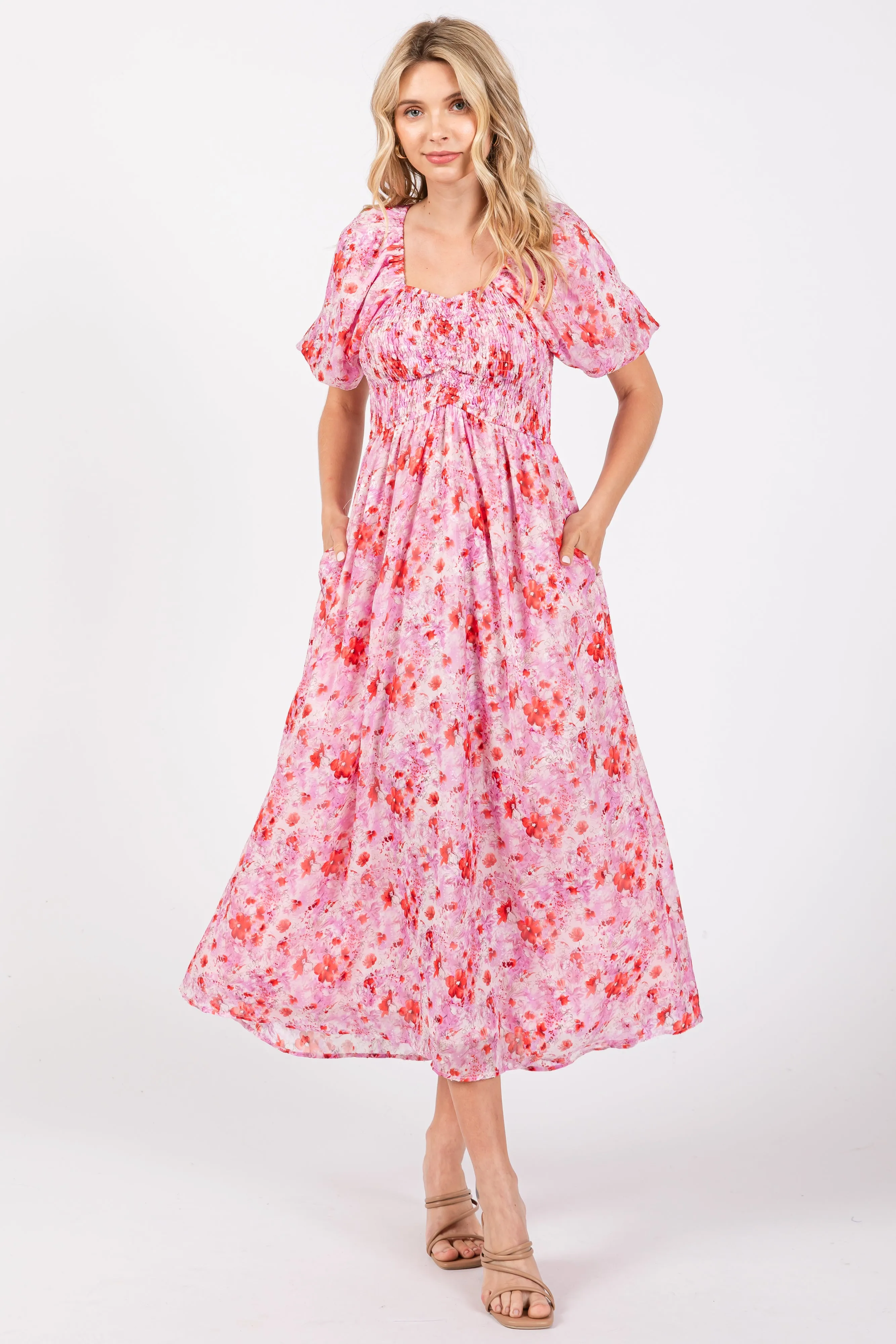 Pink Floral Smocked Sweetheart Neck Short Puff Sleeve Midi Dress sold by Pinkblush