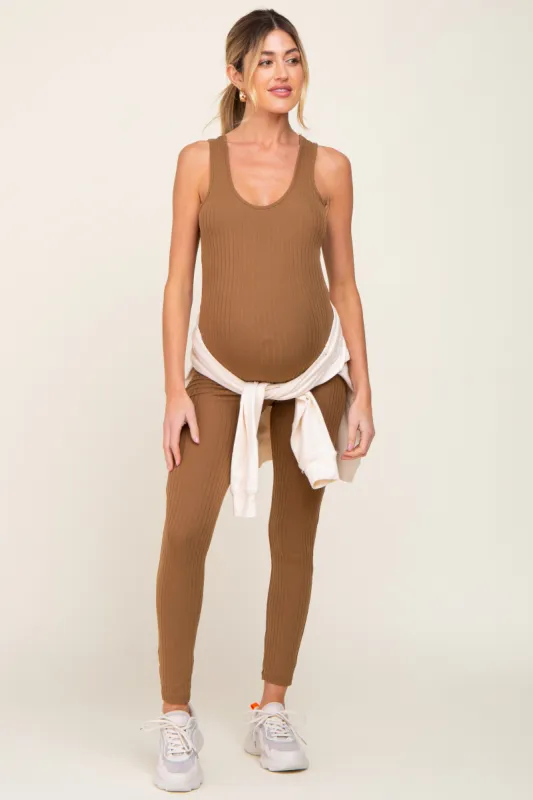 Mocha Ribbed Bodycon Maternity Jumpsuit sold by Pinkblush