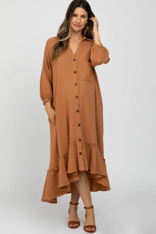 Camel Button Down Hi-Low Maternity Midi Dress sold by Pinkblush