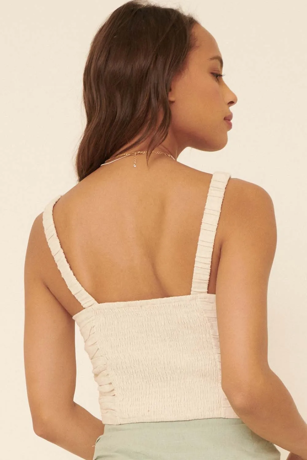 Oatmeal Woven Ruched Self Tie Knot Cami Top sold by Pinkblush product image thumbnail 3