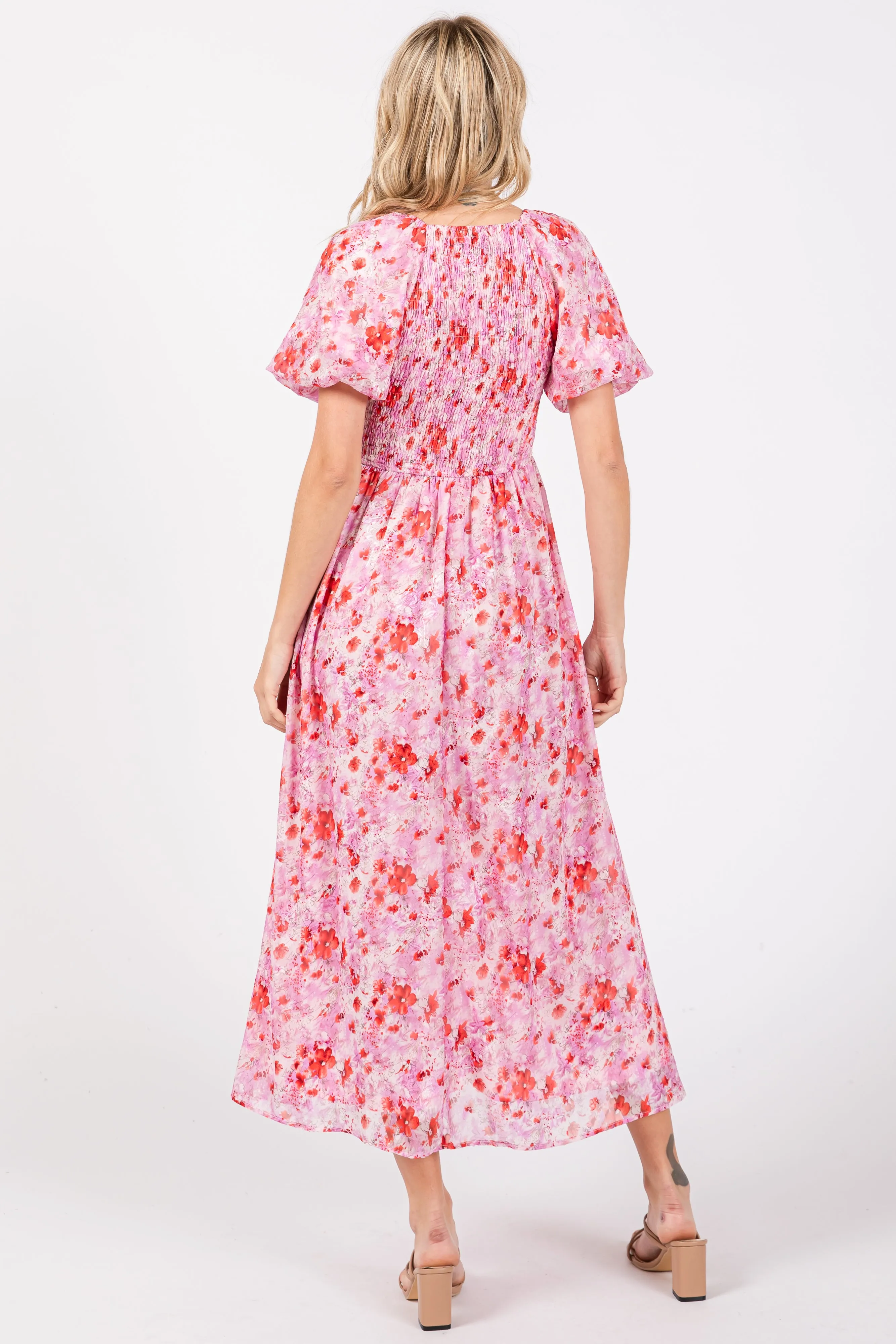 Pink Floral Smocked Sweetheart Neck Short Puff Sleeve Midi Dress sold by Pinkblush product image thumbnail 3