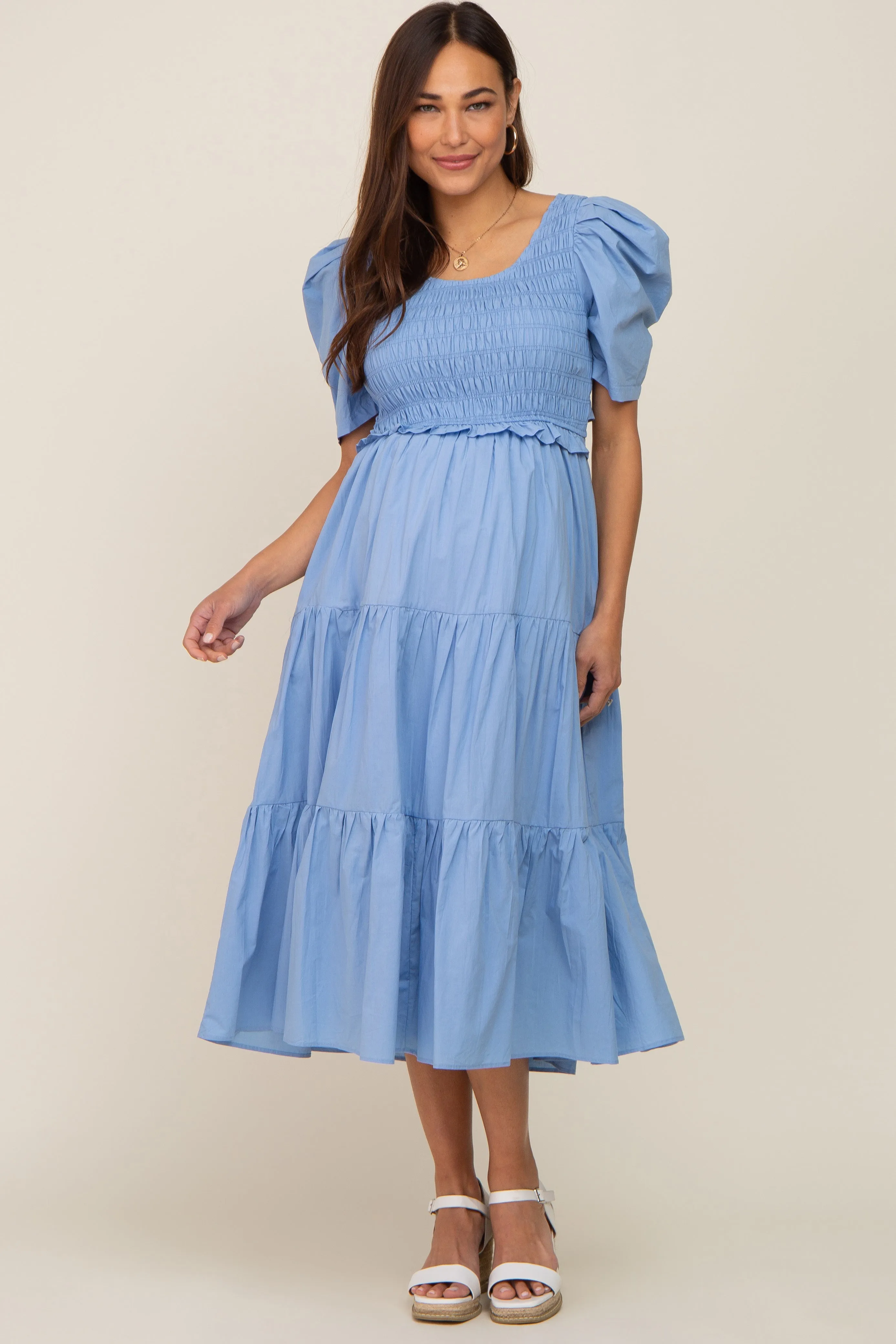 Blue Smocked Tiered Ruffle Maternity Midi Dress sold by Pinkblush