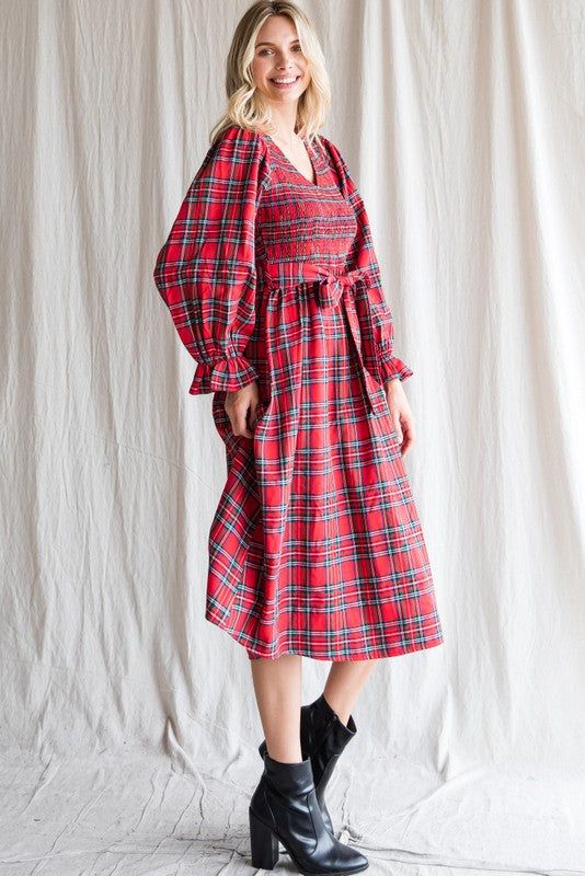 Red Plaid Smocked A-Line Midi Dress sold by Pinkblush product image thumbnail 2