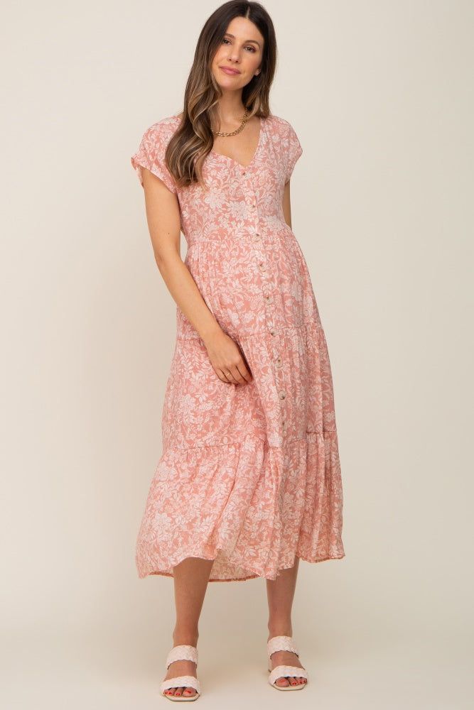 Pink Floral Tiered Button Down Maternity Midi Dress sold by Pinkblush