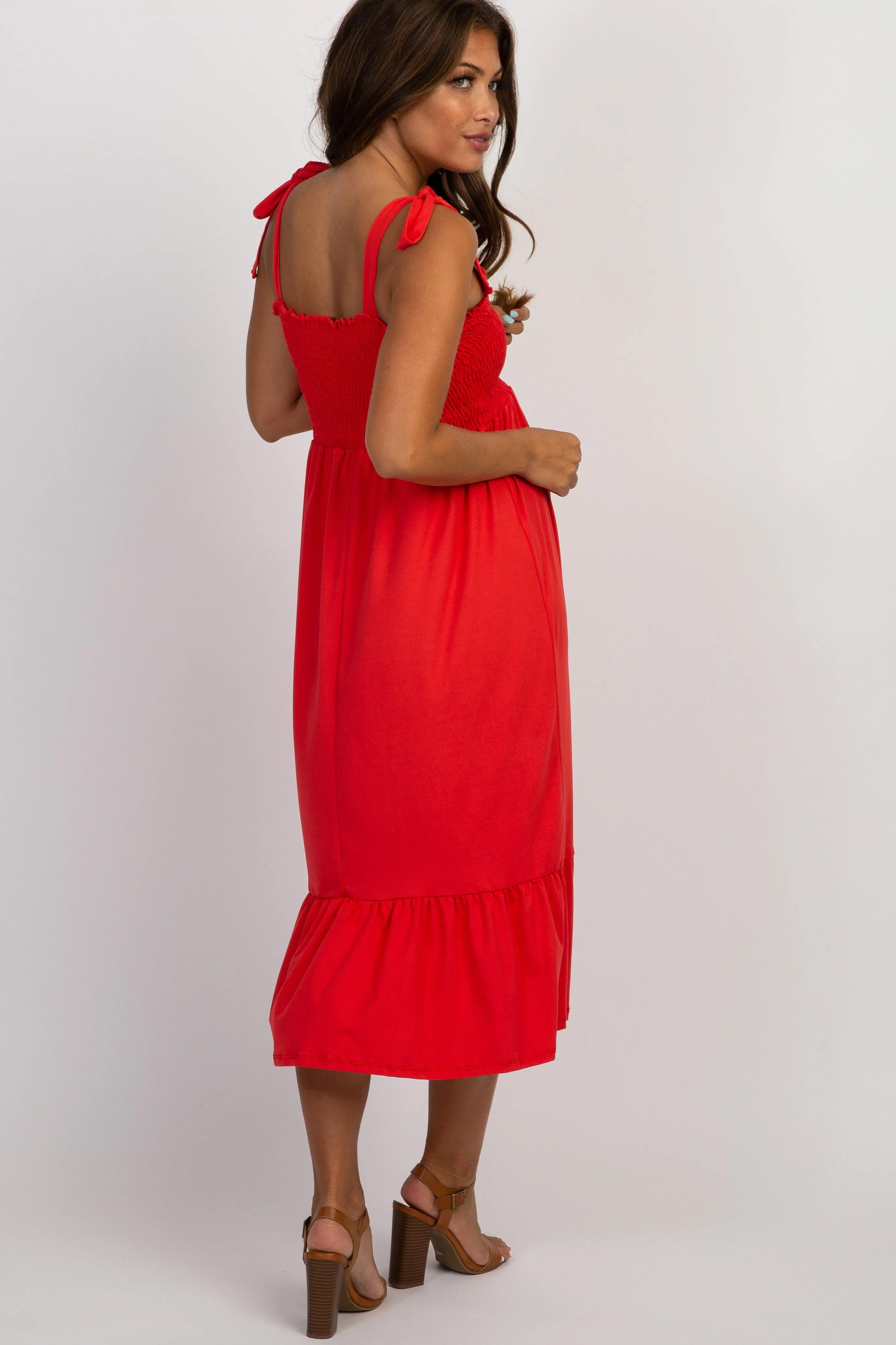 PinkBlush Red Solid Self-Tie Smocked Maternity Midi Dress sold by Pinkblush product image thumbnail 3