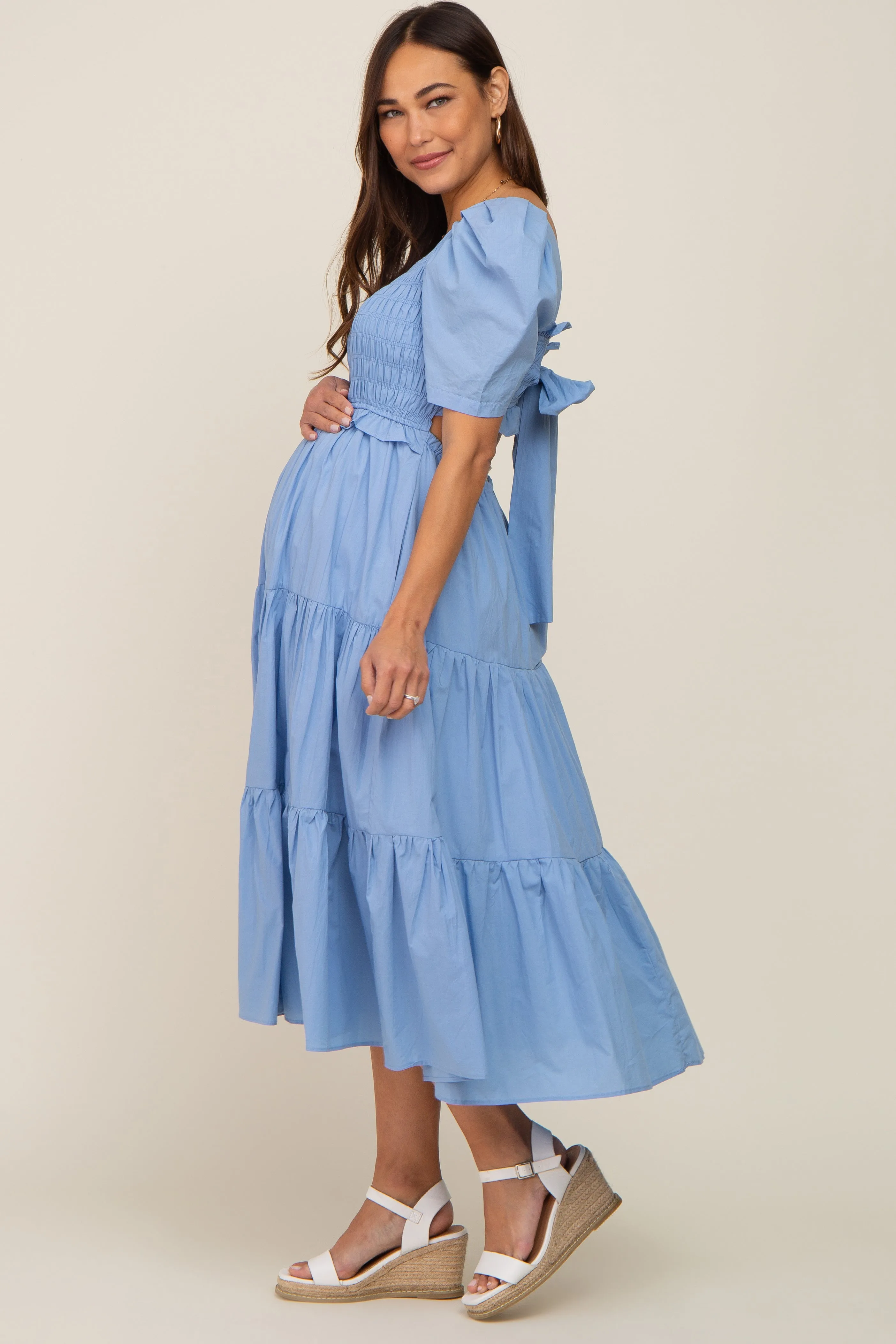 Blue Smocked Tiered Ruffle Maternity Midi Dress sold by Pinkblush product image thumbnail 2