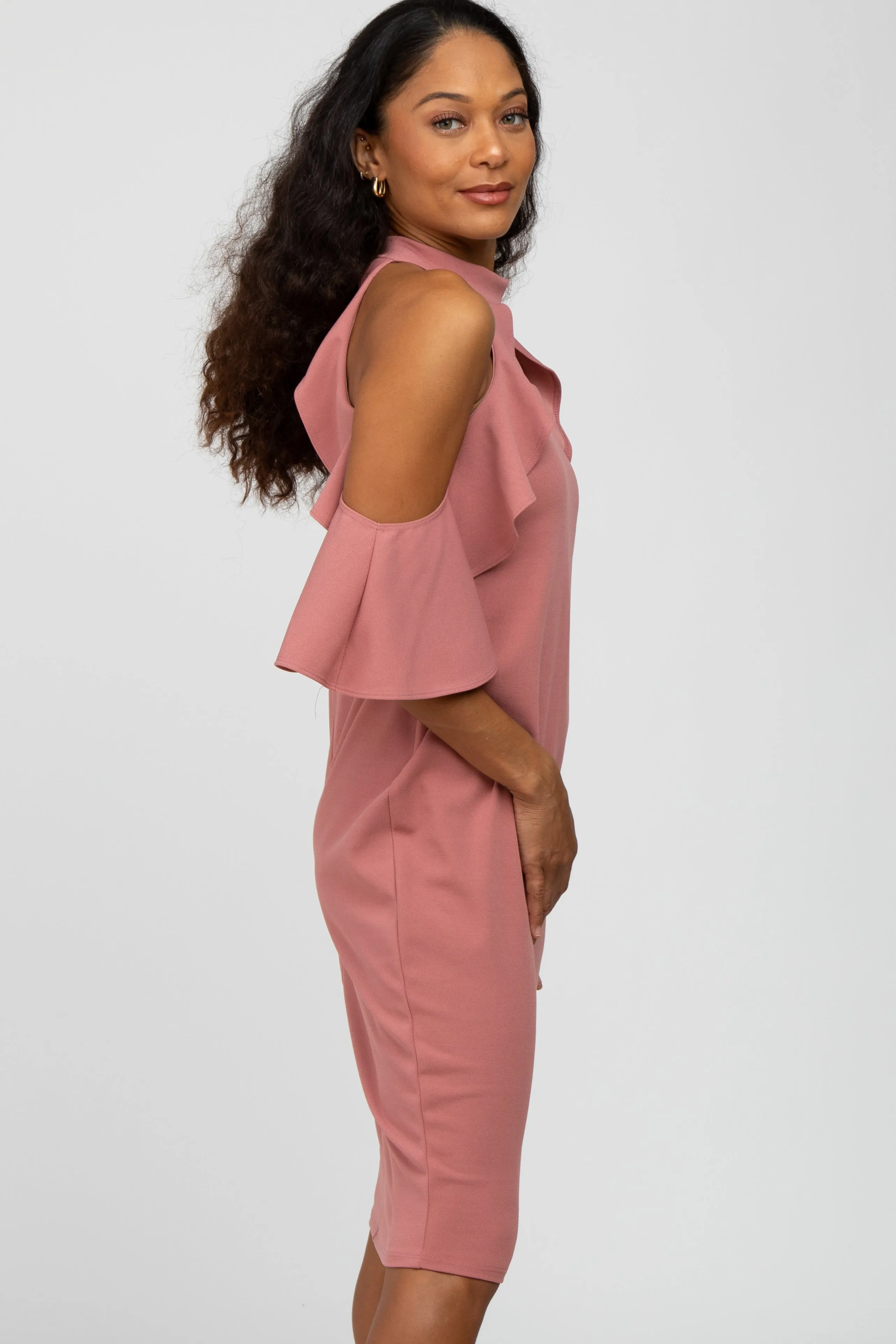 Mauve Mock Neck Ruffle Trim Fitted Maternity Dress sold by Pinkblush product image thumbnail 3