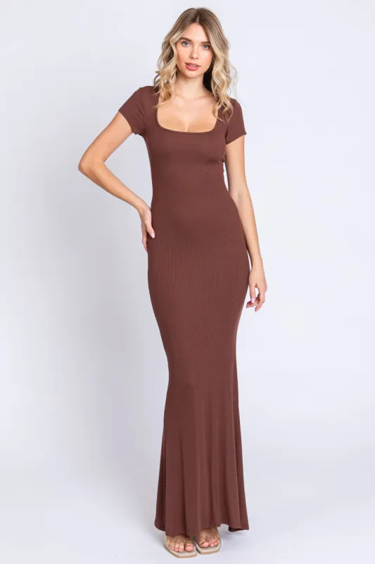 Brown Ribbed Scoop Neck Maxi Dress sold by Pinkblush