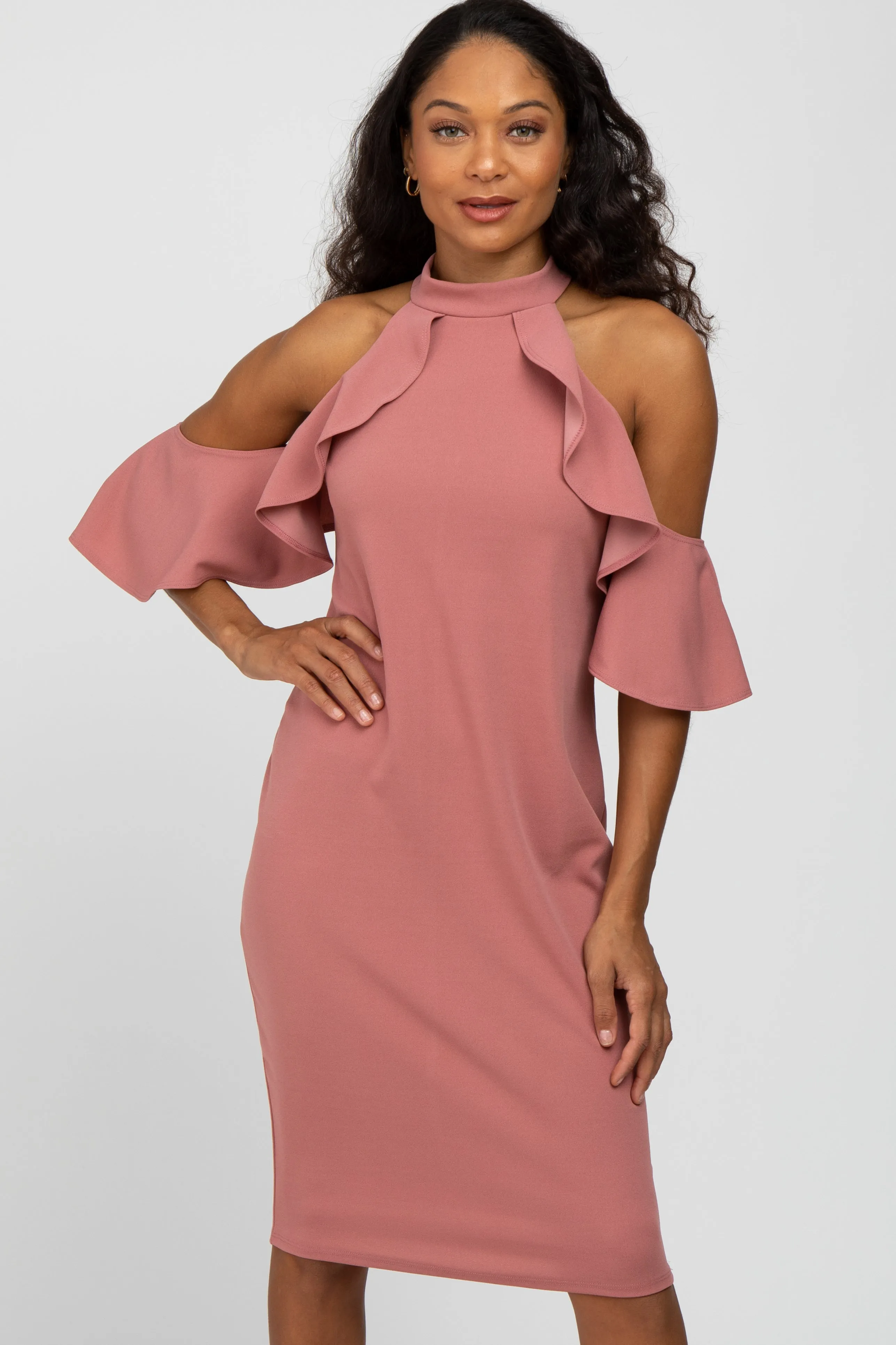Mauve Mock Neck Ruffle Trim Fitted Maternity Dress sold by Pinkblush