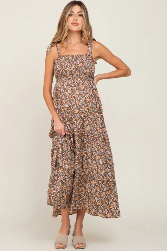 Camel Floral Sleeveless Tiered Maternity Maxi Dress sold by Pinkblush