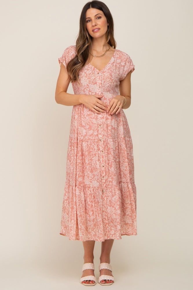 Pink Floral Tiered Button Down Maternity Midi Dress sold by Pinkblush product image thumbnail 2