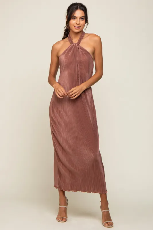 Mocha Knot Front Plisse Halter Midi Dress sold by Pinkblush