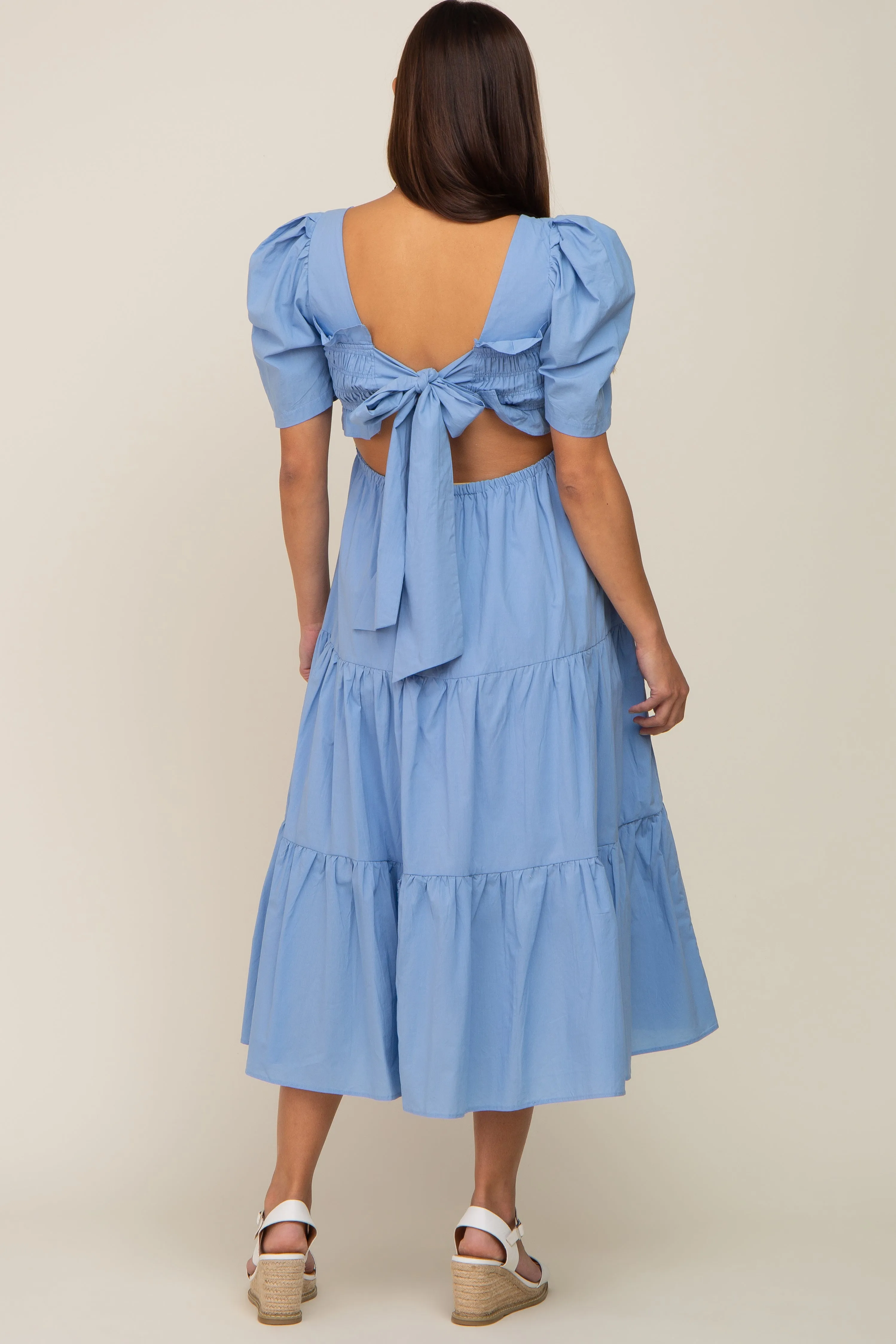 Blue Smocked Tiered Ruffle Maternity Midi Dress sold by Pinkblush product image thumbnail 3