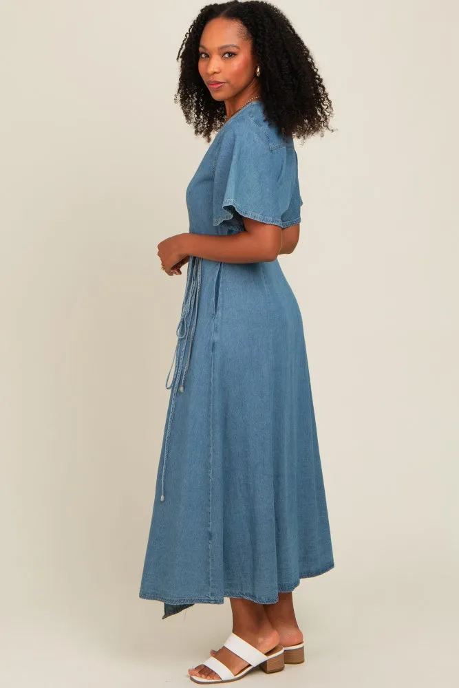 Blue Chambray Wrap Maxi Dress sold by Pinkblush product image thumbnail 2
