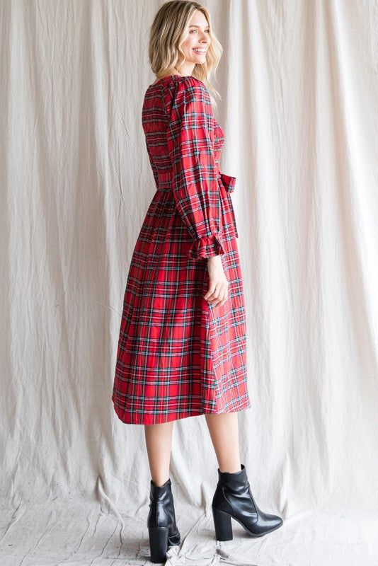 Red Plaid Smocked A-Line Midi Dress sold by Pinkblush product image thumbnail 3