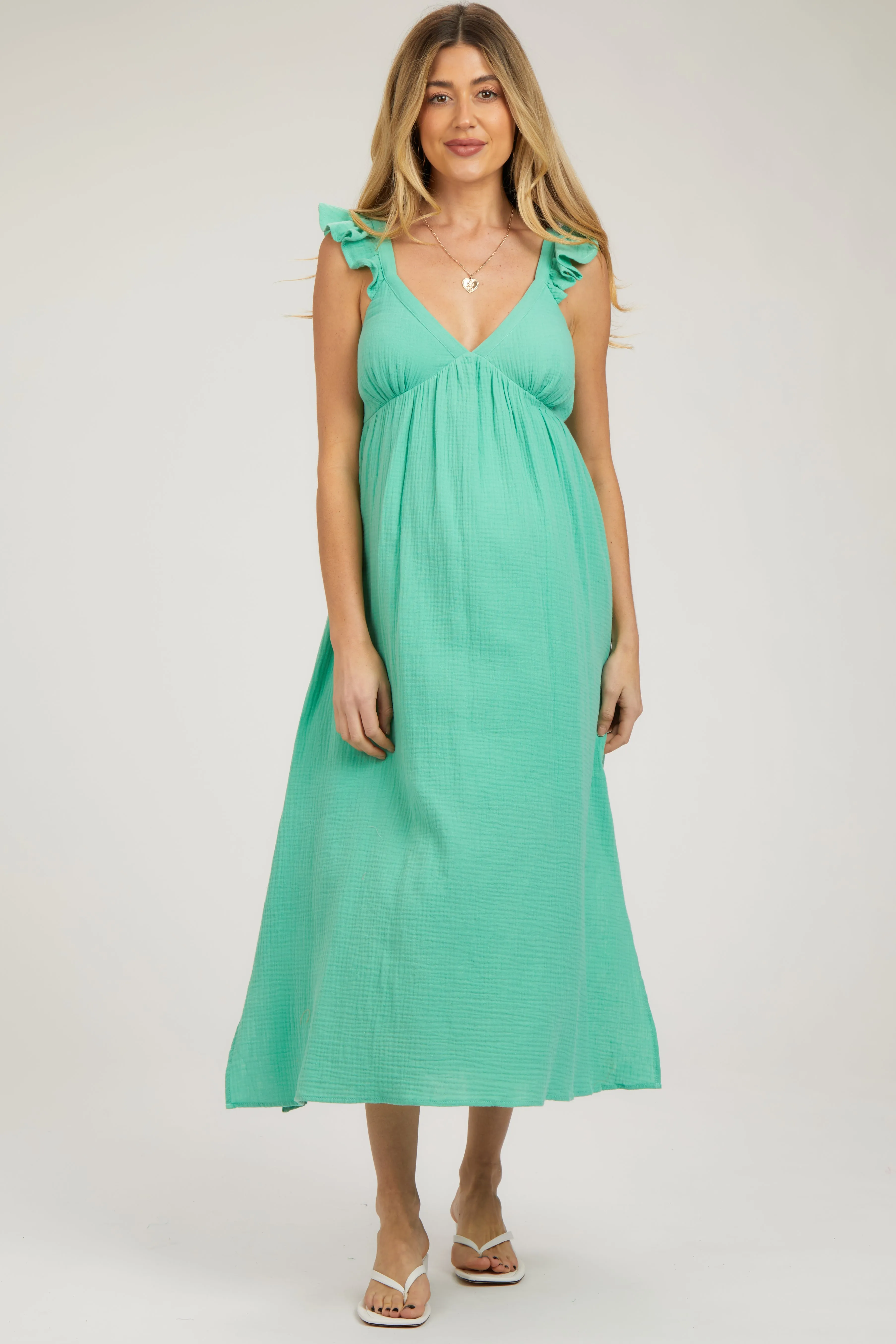 Mint Green Ruffle Strap Maternity Midi Dress sold by Pinkblush