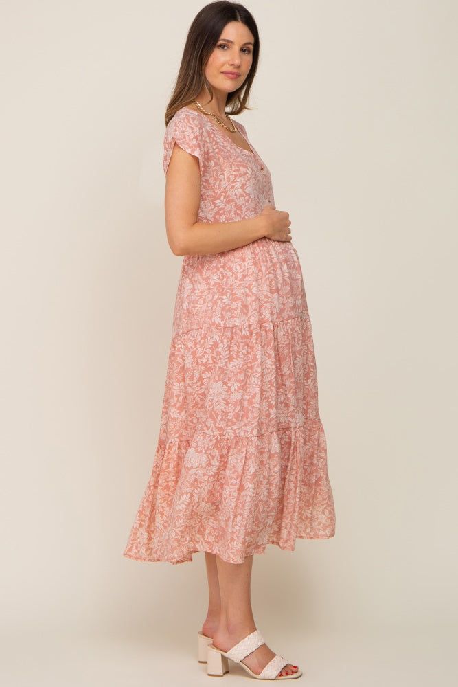 Pink Floral Tiered Button Down Maternity Midi Dress sold by Pinkblush product image thumbnail 3