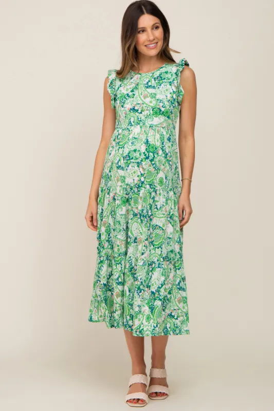Green Floral Paisley Tiered Maternity Midi Dress sold by Pinkblush