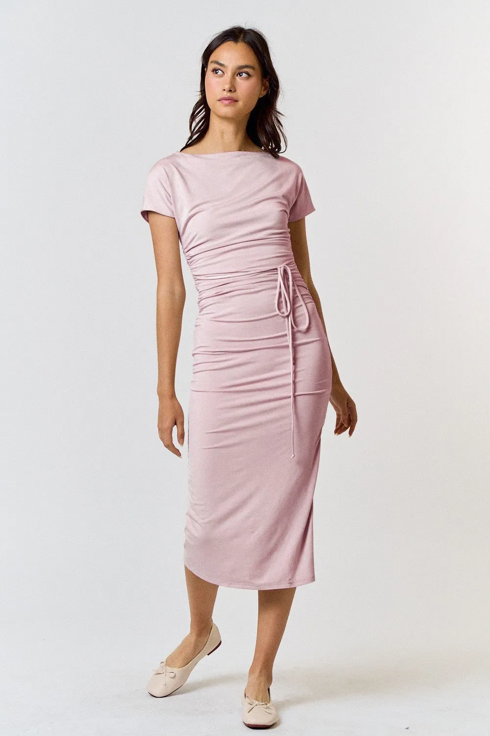 Lavender Boat Neck Side Ruched Waist Tie Midi Dress sold by Pinkblush