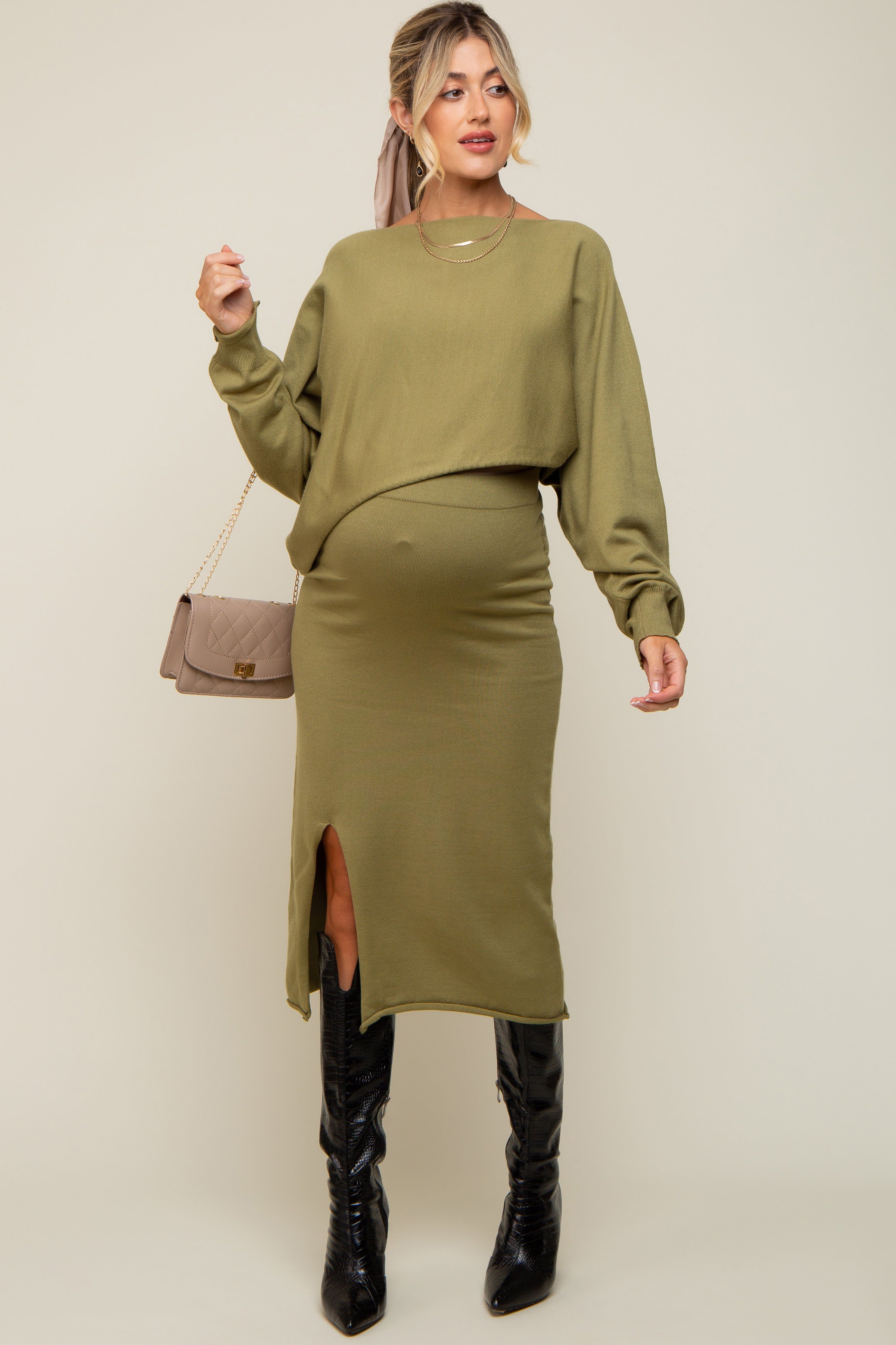 Olive Knit Long Sleeve Crop Top Maternity Midi Skirt Set sold by Pinkblush product image thumbnail 5