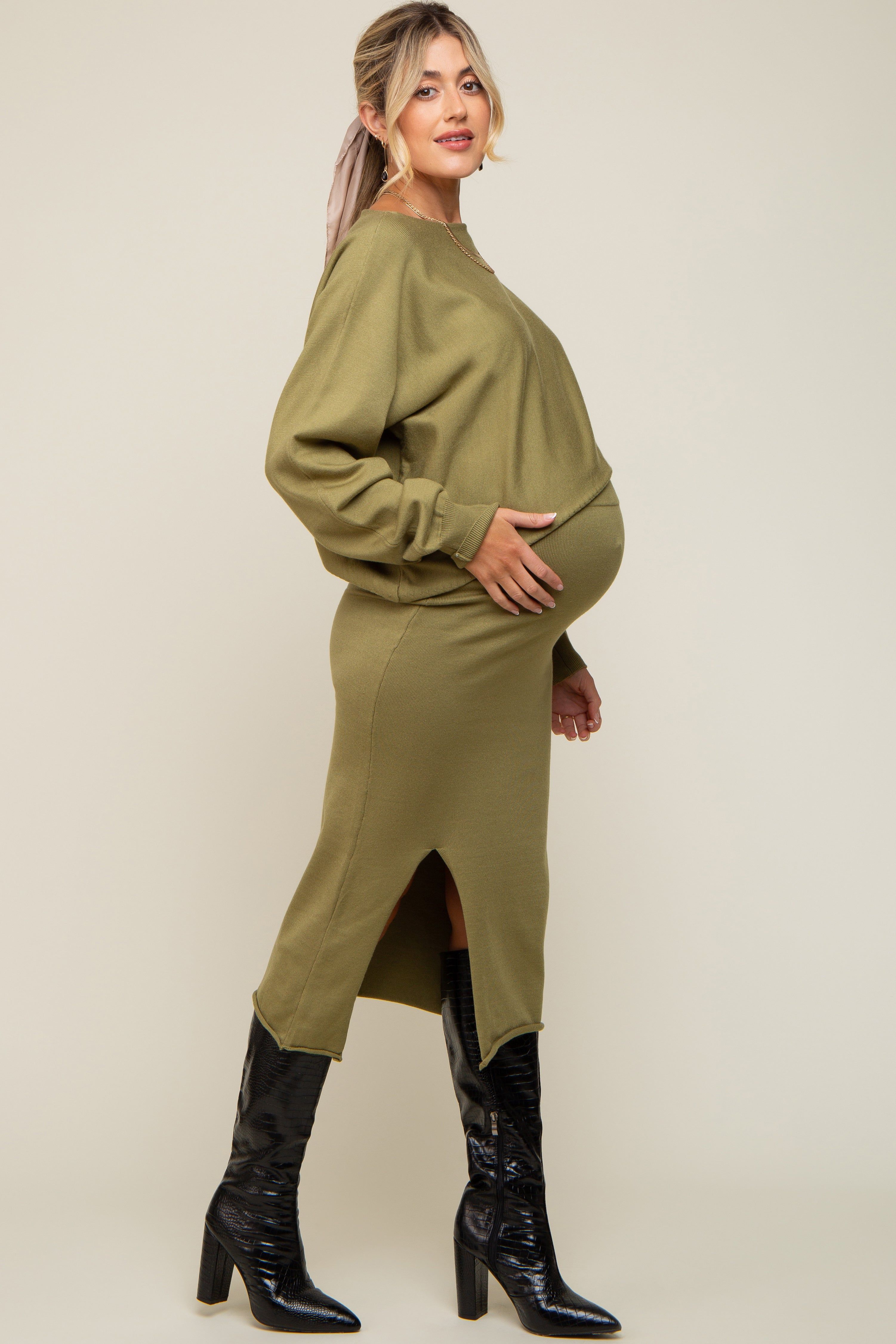 Olive Knit Long Sleeve Crop Top Maternity Midi Skirt Set sold by Pinkblush product image thumbnail 2
