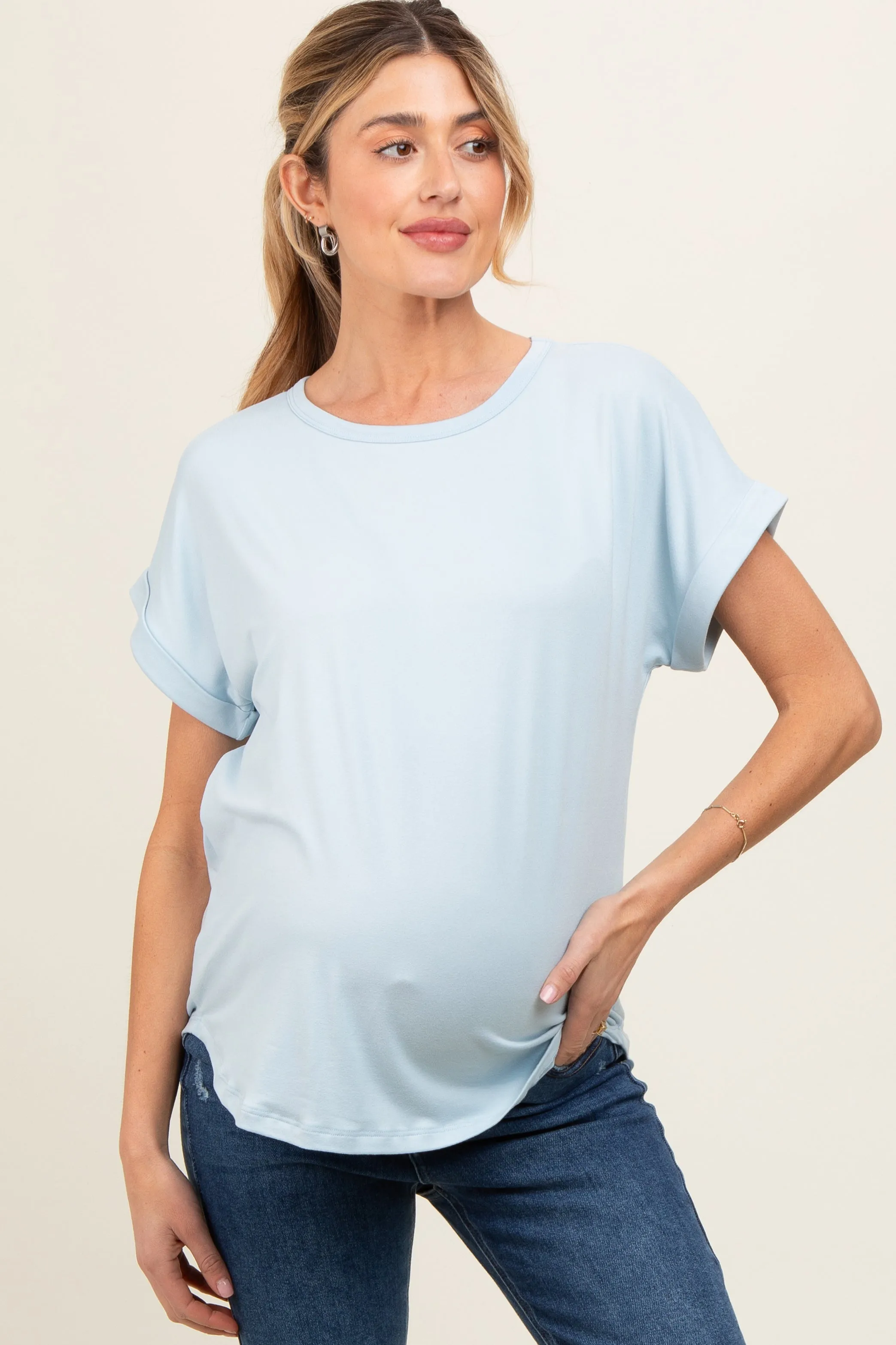 Light Blue Rolled Cuff Maternity Short Sleeve Top sold by Pinkblush